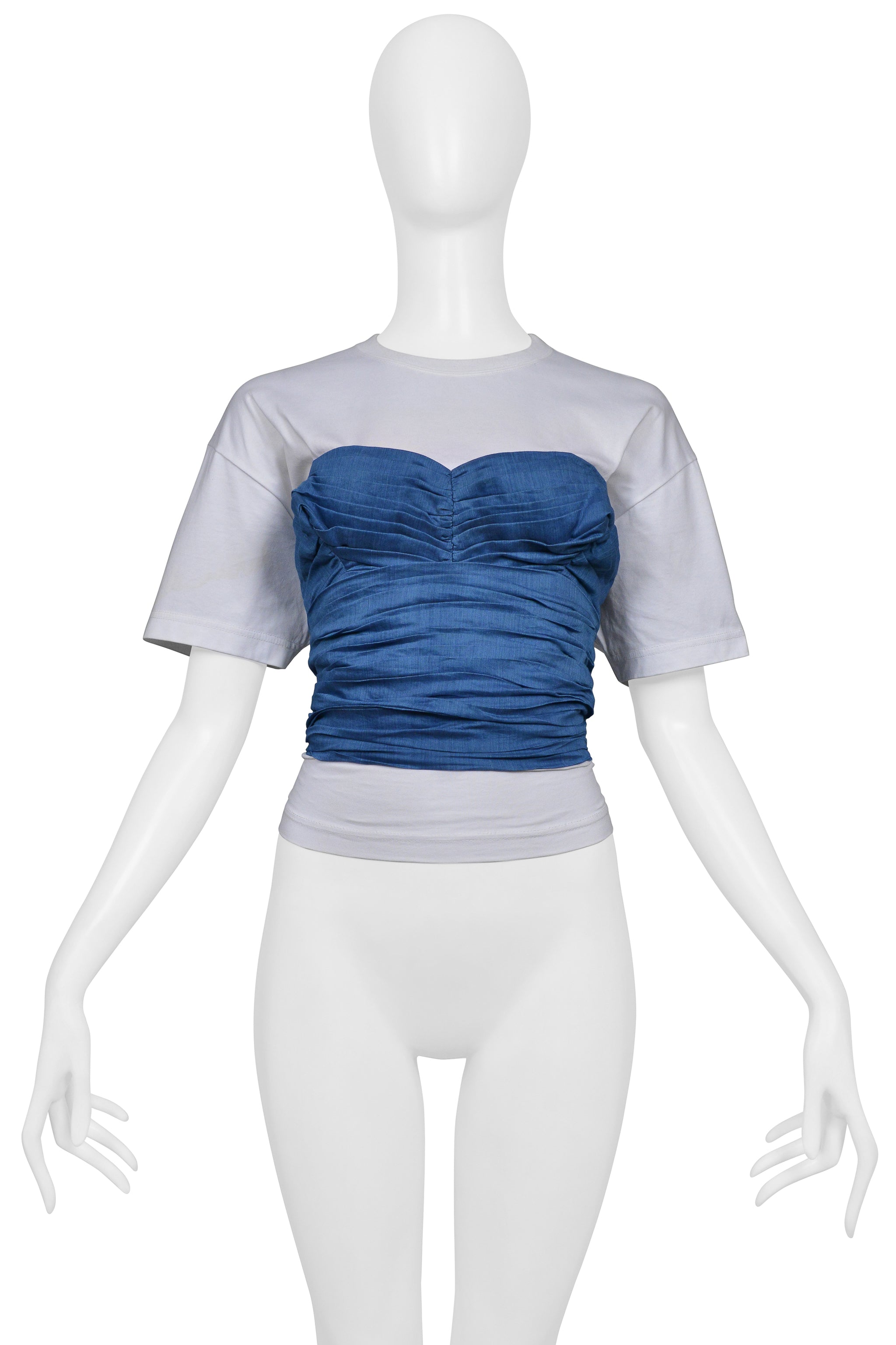 JUNYA WATANABE BLUE GATHERED CORSET WITH WHITE T-SHIRT TOP