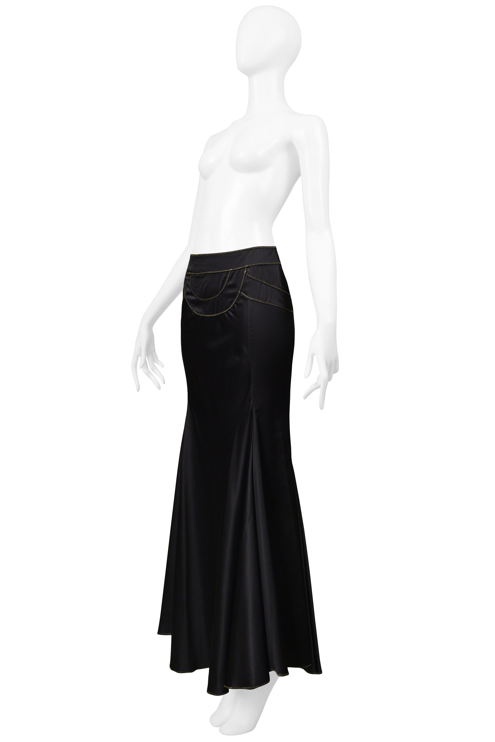 ROBERTO CAVALLI BLACK SATIN FLARED SKIRT WITH GOLD STITCHING