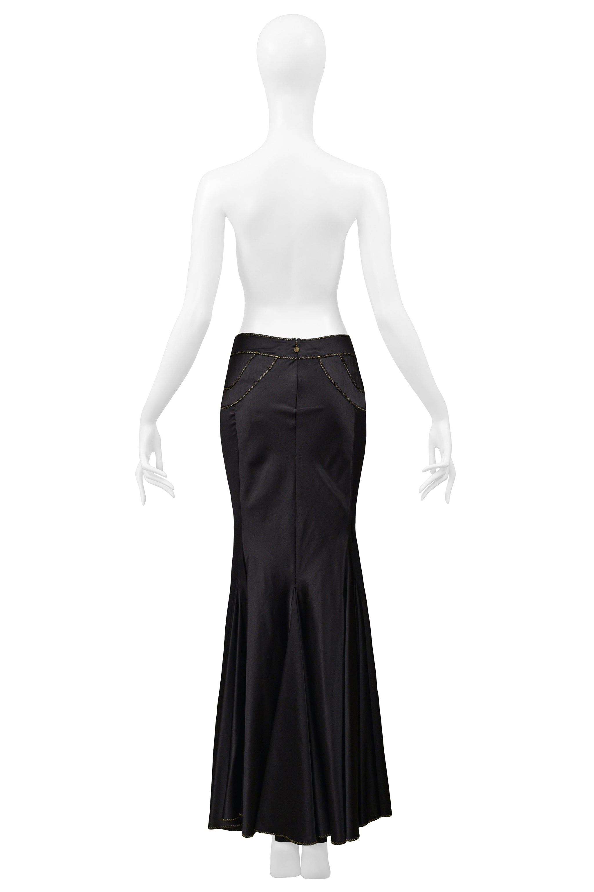 ROBERTO CAVALLI BLACK SATIN FLARED SKIRT WITH GOLD STITCHING