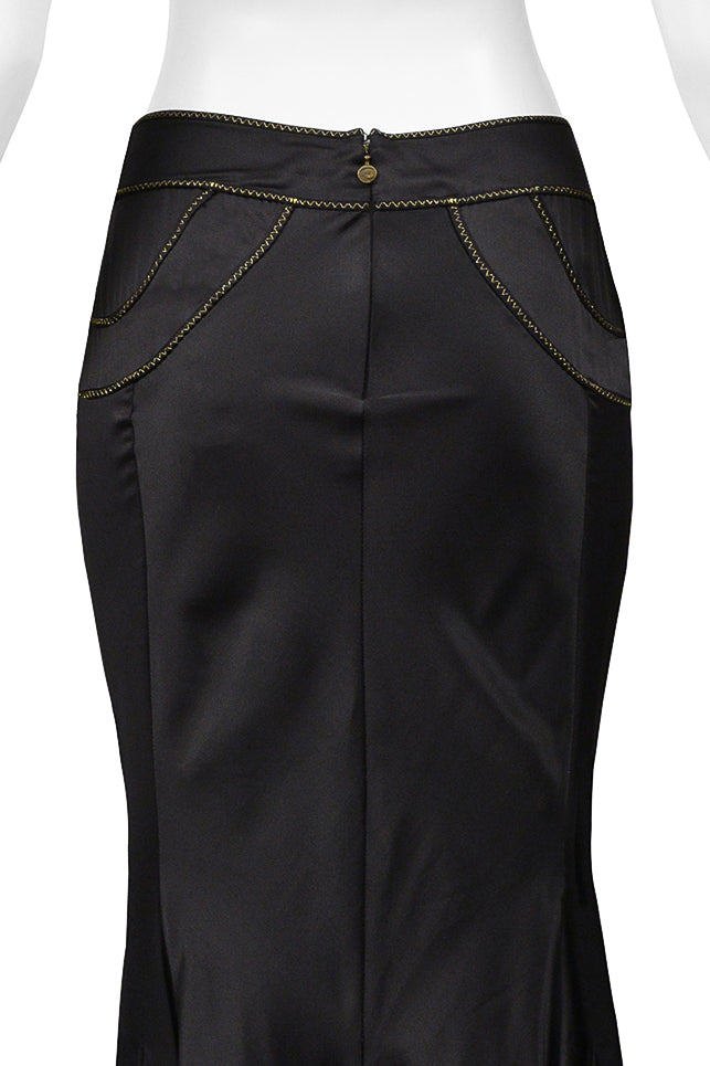 ROBERTO CAVALLI BLACK SATIN FLARED SKIRT WITH GOLD STITCHING