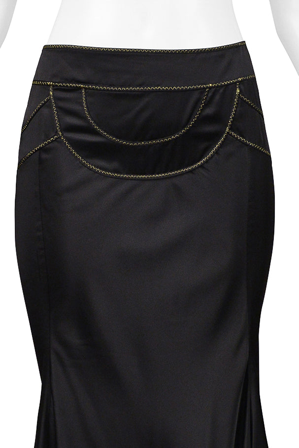 ROBERTO CAVALLI BLACK SATIN FLARED SKIRT WITH GOLD STITCHING