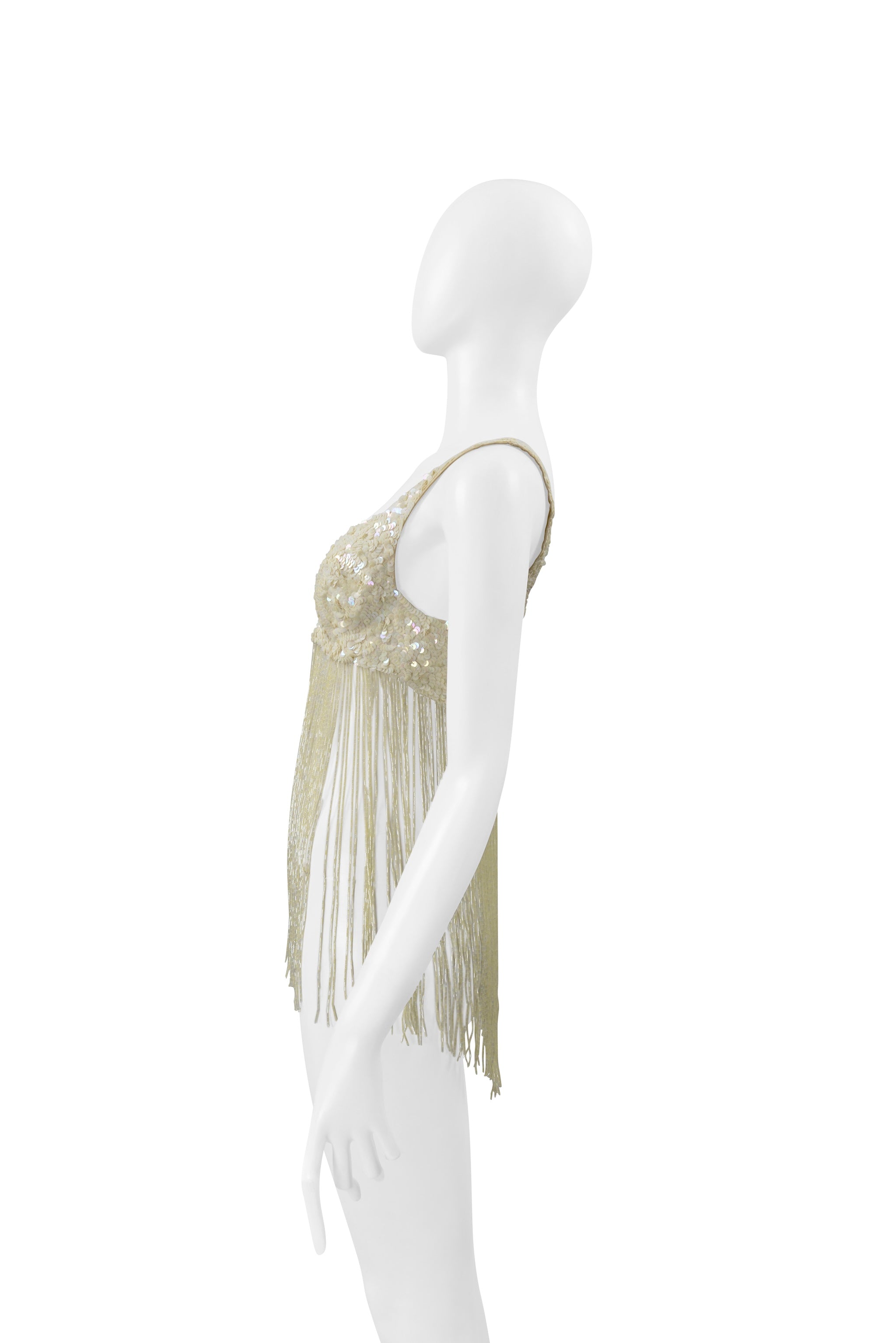 KATHARINE HAMNETT OFF WHITE SEQUIN BRA WITH BEADED FRINGE