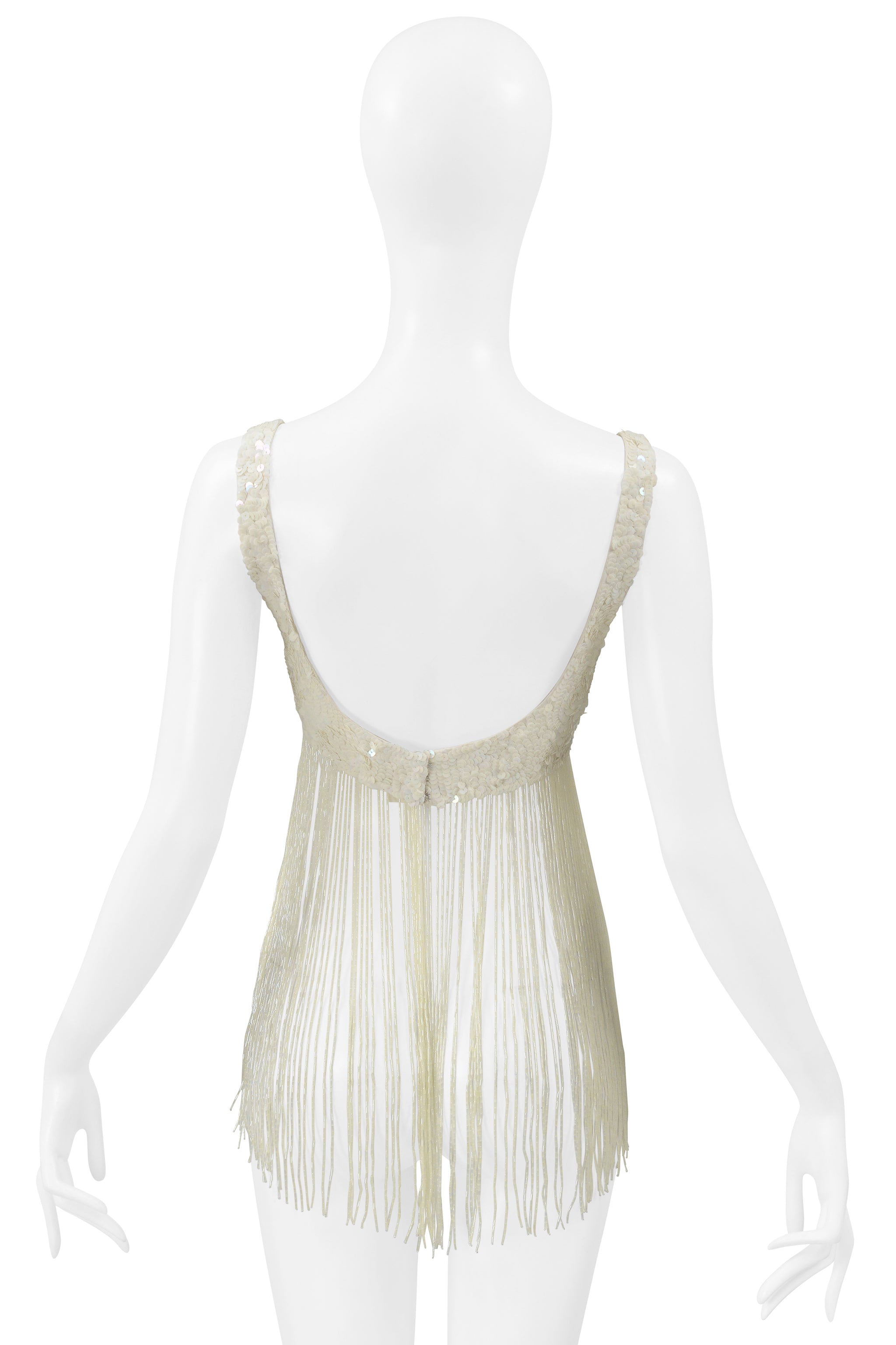 KATHARINE HAMNETT OFF WHITE SEQUIN BRA WITH BEADED FRINGE