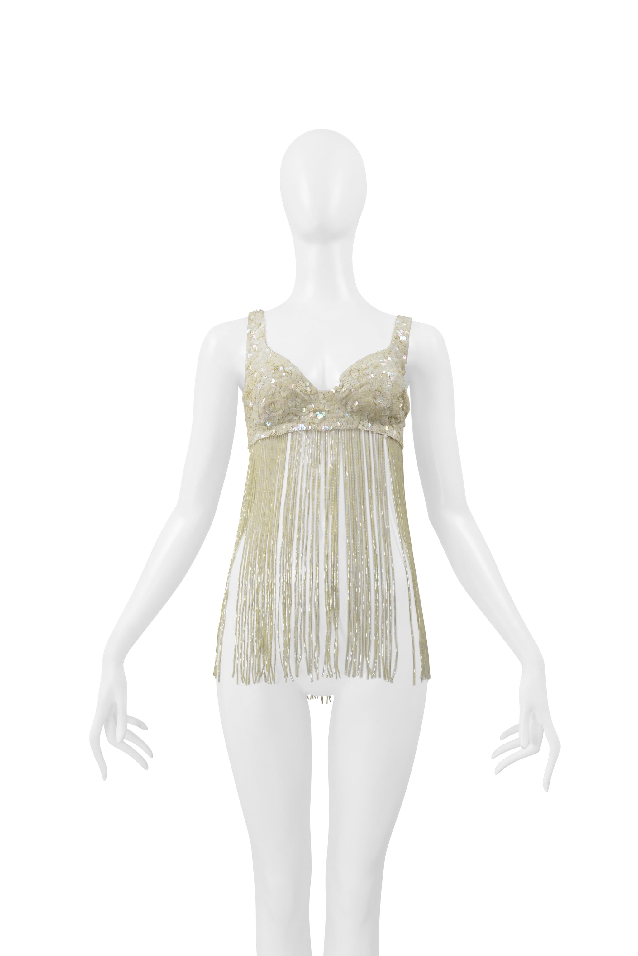 KATHARINE HAMNETT OFF WHITE SEQUIN BRA WITH BEADED FRINGE