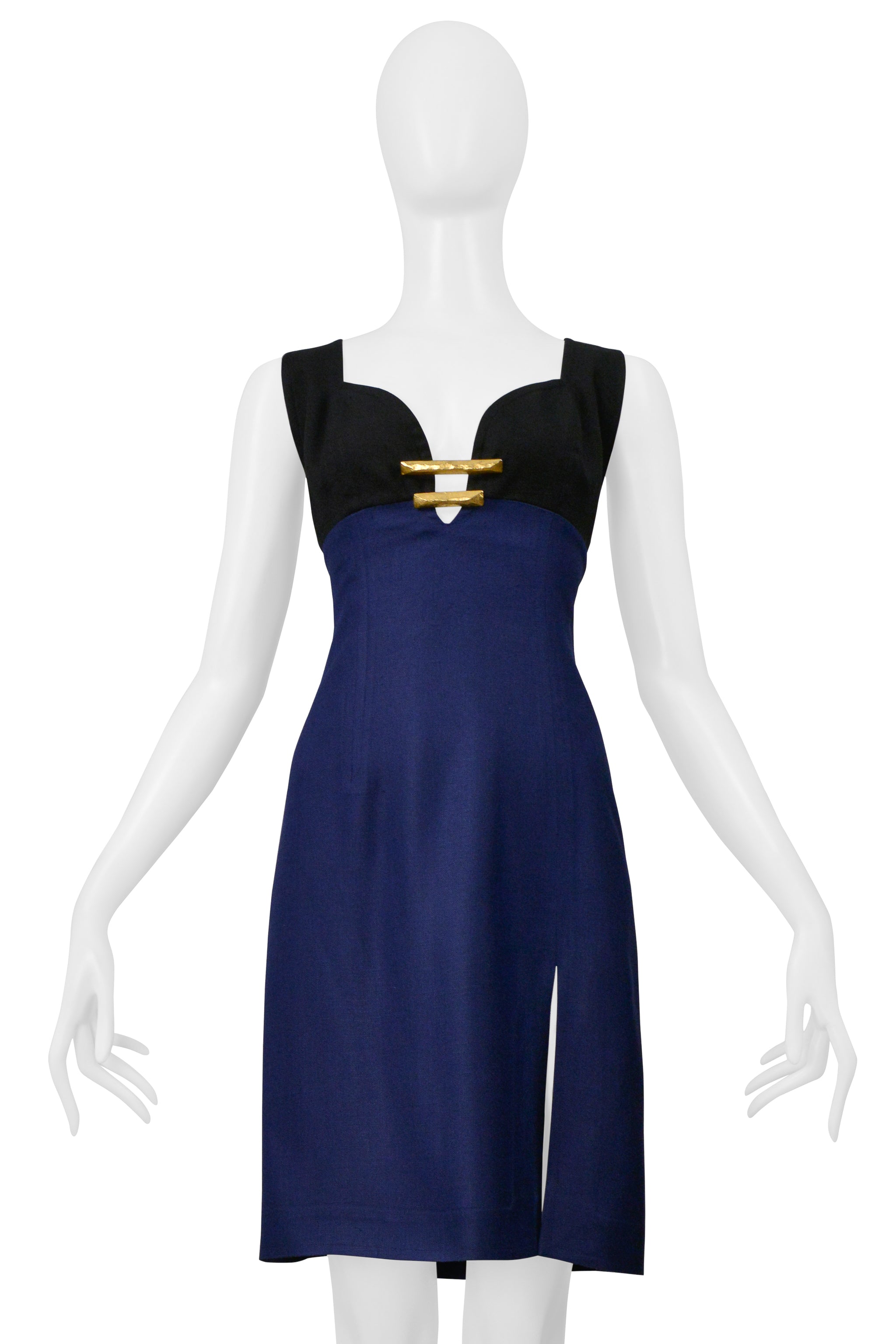 CHRISTIAN LACROIX BLACK AND BLUE LINEN DRESS WITH GOLD HARDWARE & SLIT