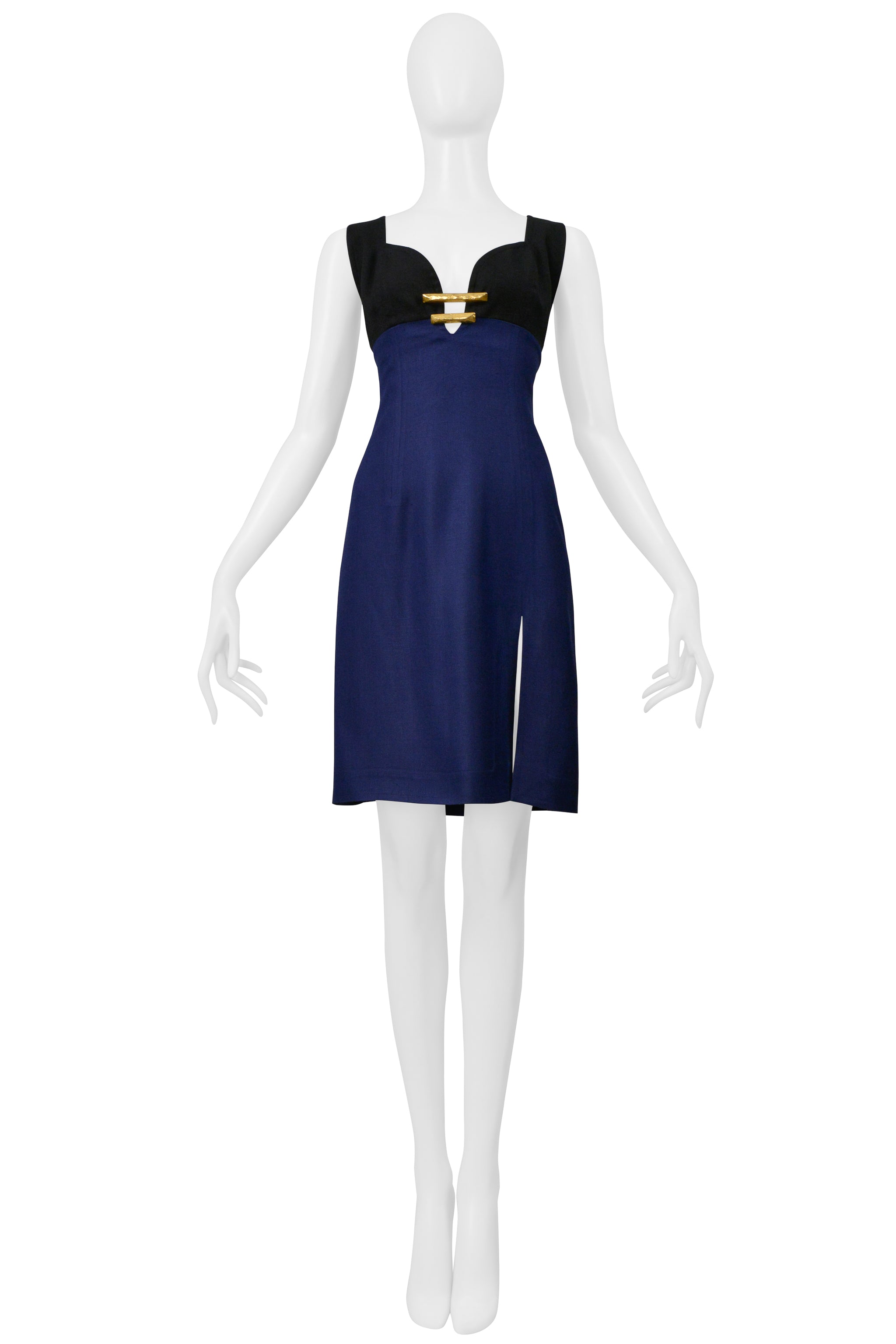 CHRISTIAN LACROIX BLACK AND BLUE LINEN DRESS WITH GOLD HARDWARE & SLIT