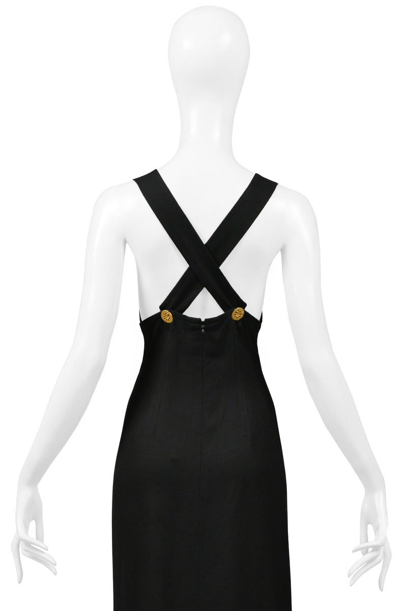 CHRISTIAN LACROIX BLACK LINEN HOLLYWOOD DRESS WITH GOLD TONE HARDWARE & DRAMATIC SLIT
