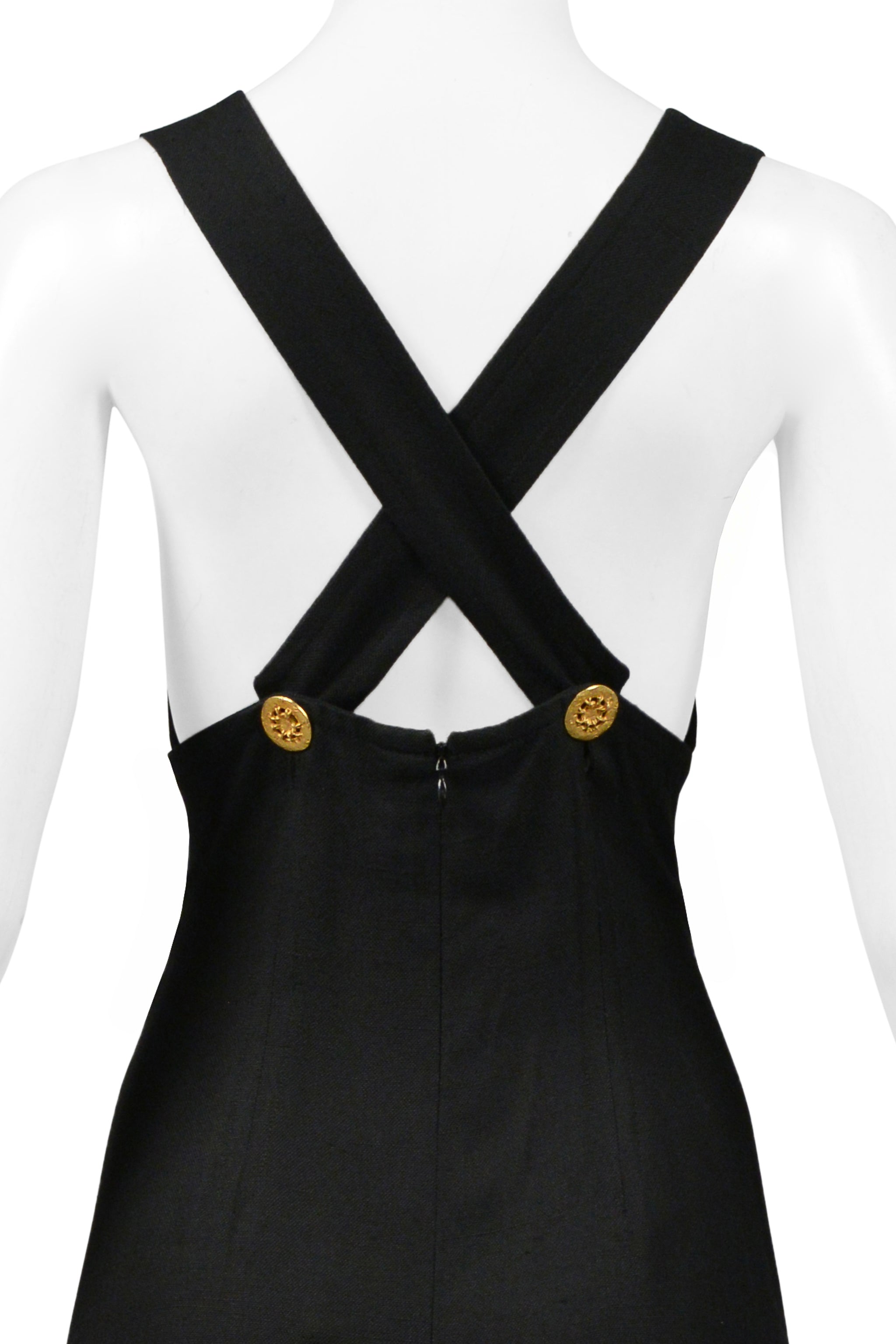 CHRISTIAN LACROIX BLACK LINEN HOLLYWOOD DRESS WITH GOLD TONE HARDWARE & DRAMATIC SLIT