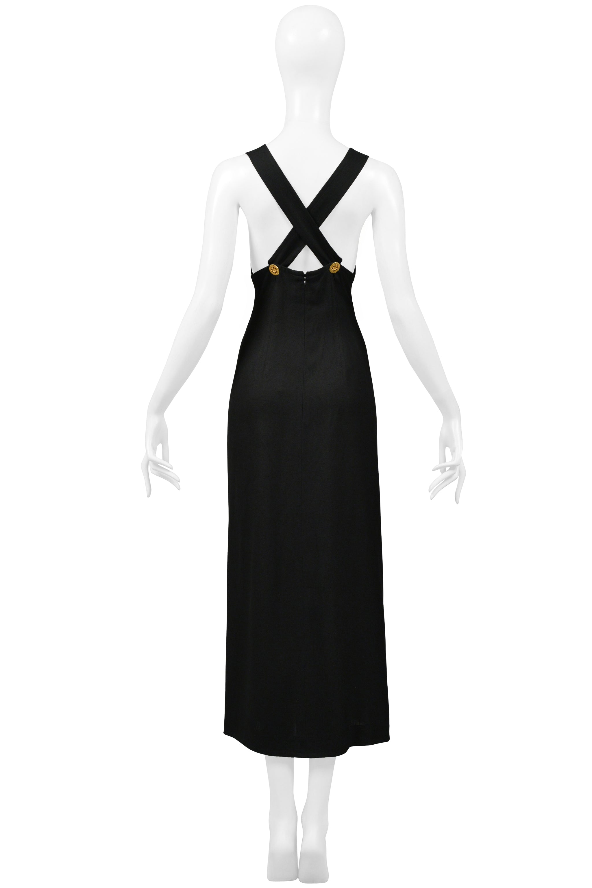 CHRISTIAN LACROIX BLACK LINEN HOLLYWOOD DRESS WITH GOLD TONE HARDWARE & DRAMATIC SLIT