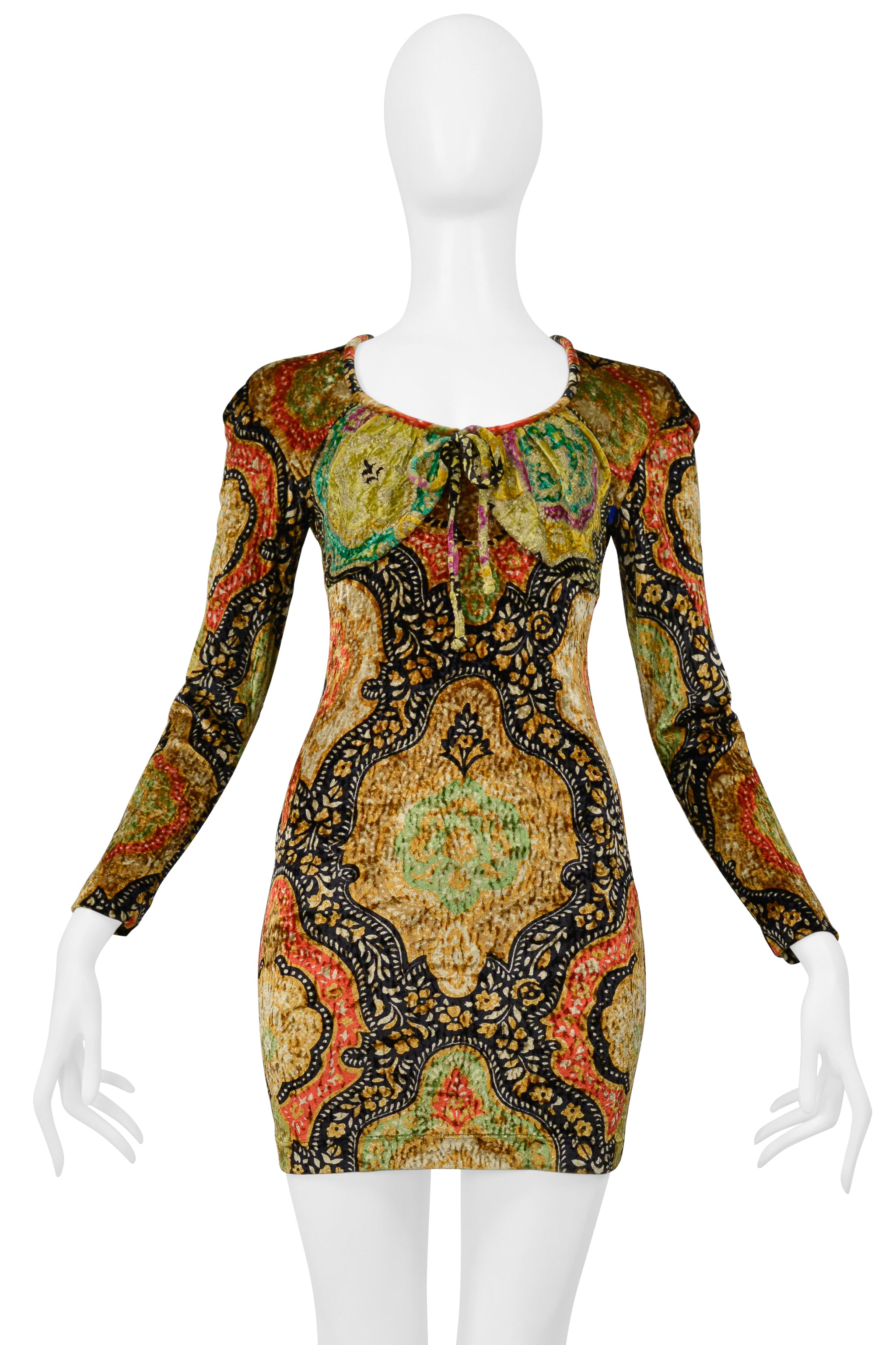 CHRISTIAN LACROIX MULTI COLORED AND GOLD PAINTED CRUSHED VELVET DRESS 1991