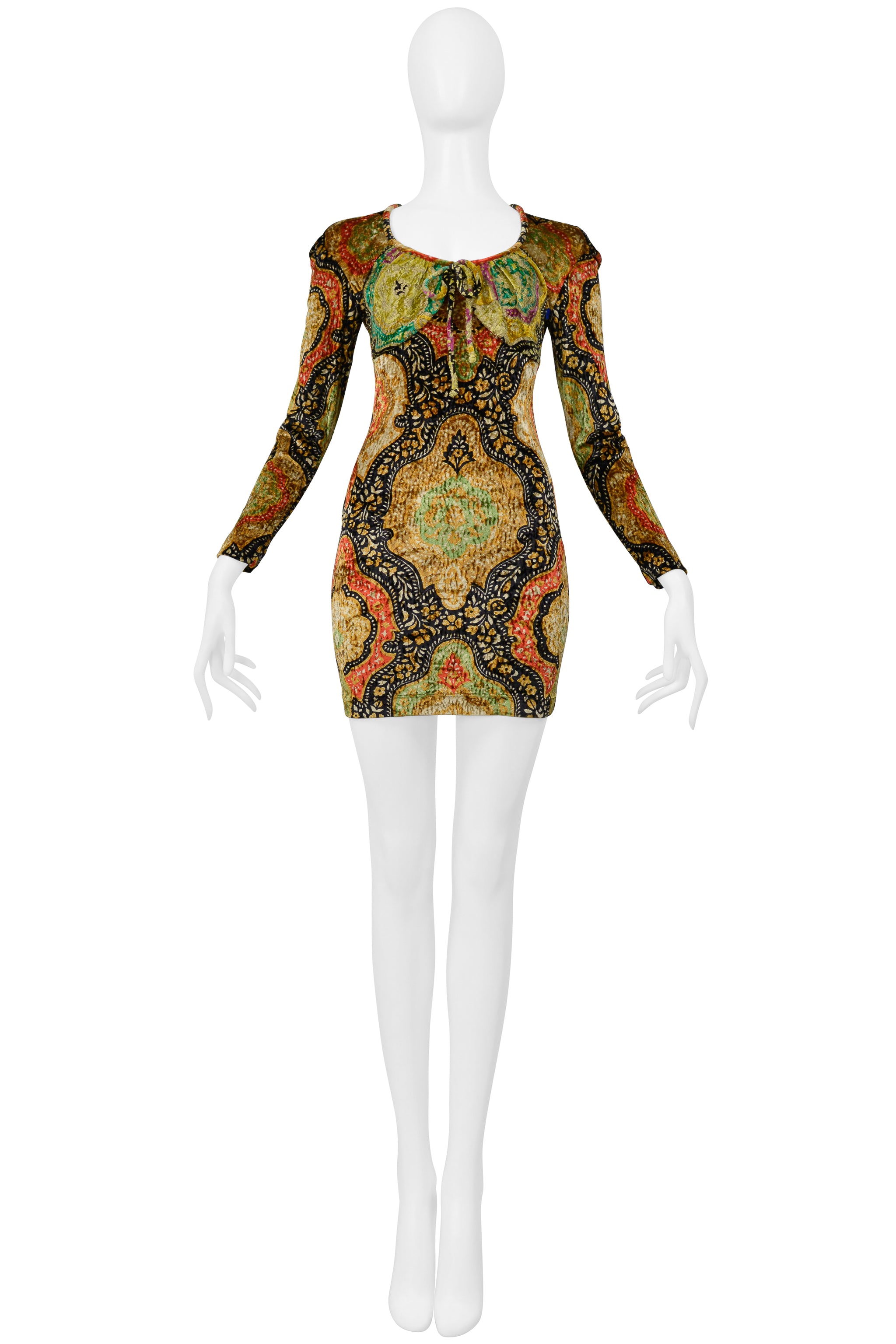 CHRISTIAN LACROIX MULTI COLORED AND GOLD PAINTED CRUSHED VELVET DRESS 1991