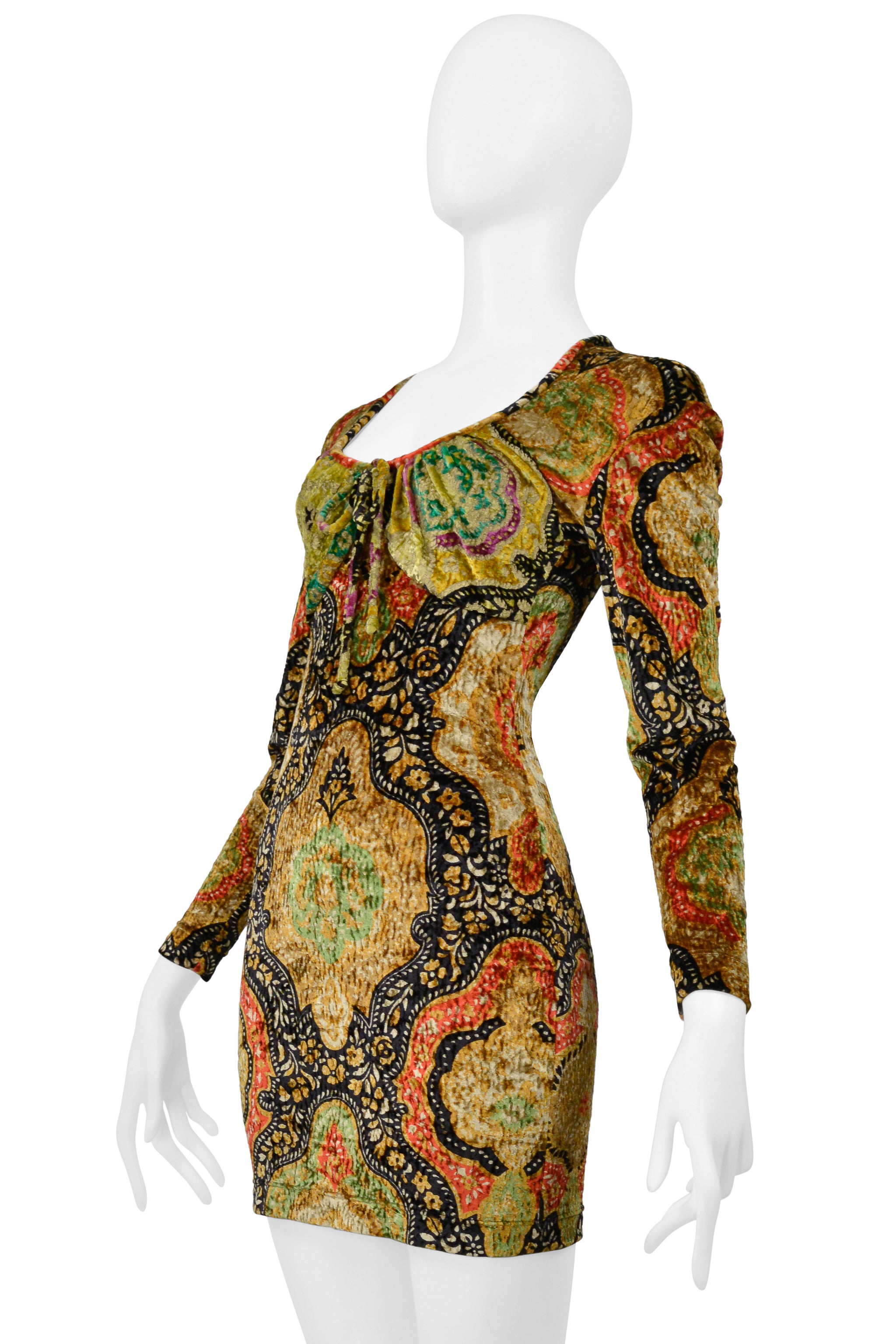 CHRISTIAN LACROIX MULTI COLORED AND GOLD PAINTED CRUSHED VELVET DRESS 1991