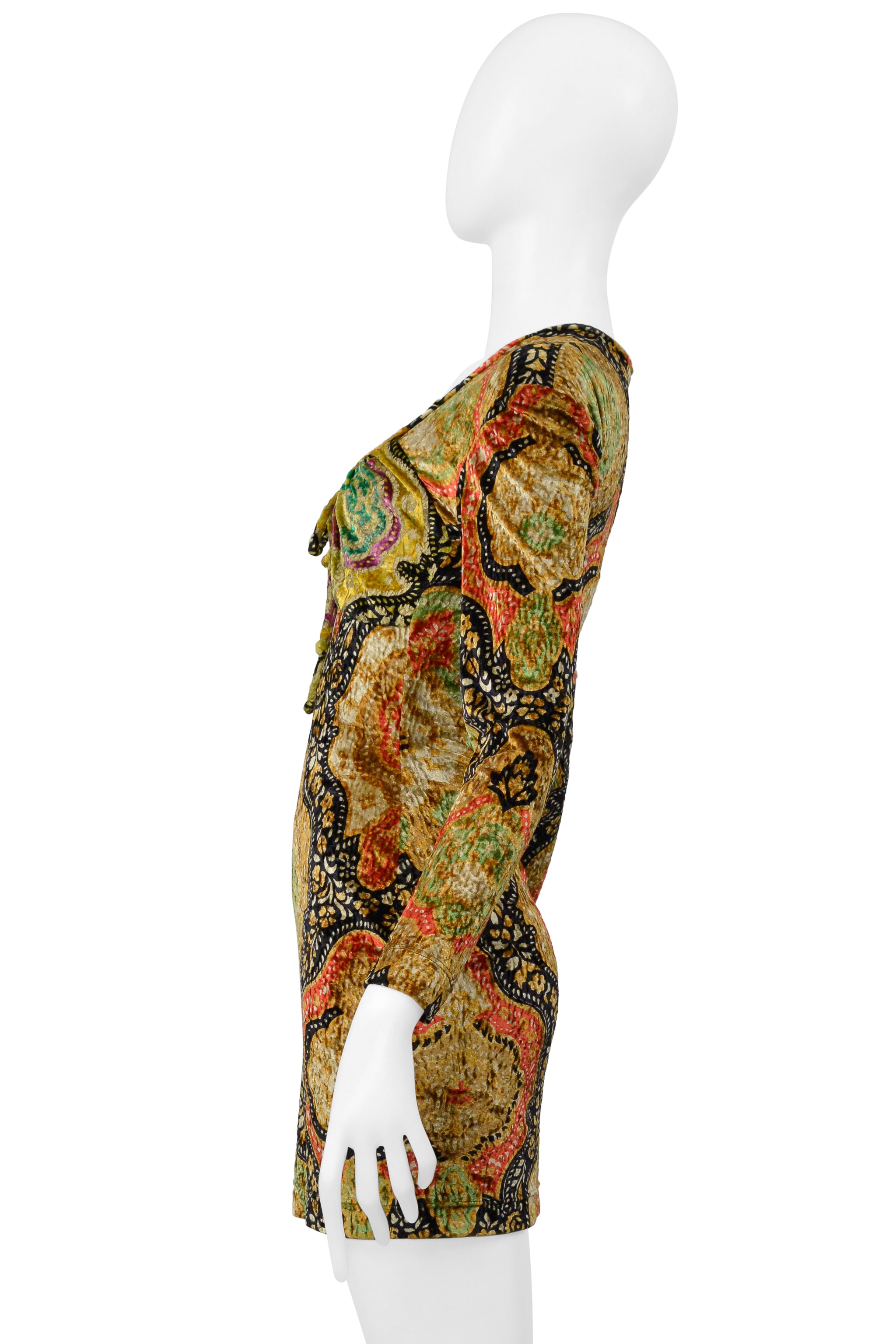 CHRISTIAN LACROIX MULTI COLORED AND GOLD PAINTED CRUSHED VELVET DRESS 1991