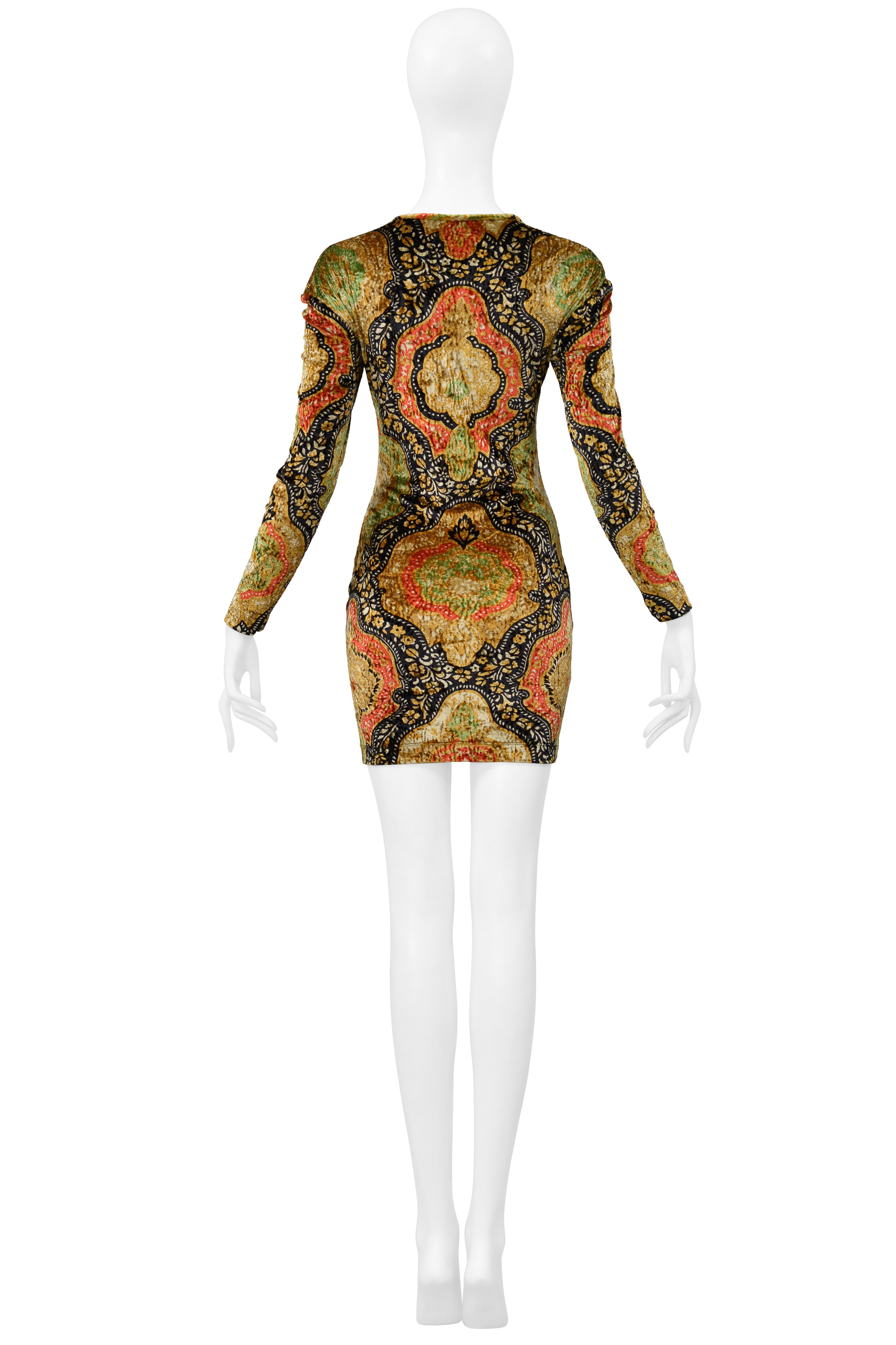 CHRISTIAN LACROIX MULTI COLORED AND GOLD PAINTED CRUSHED VELVET DRESS 1991