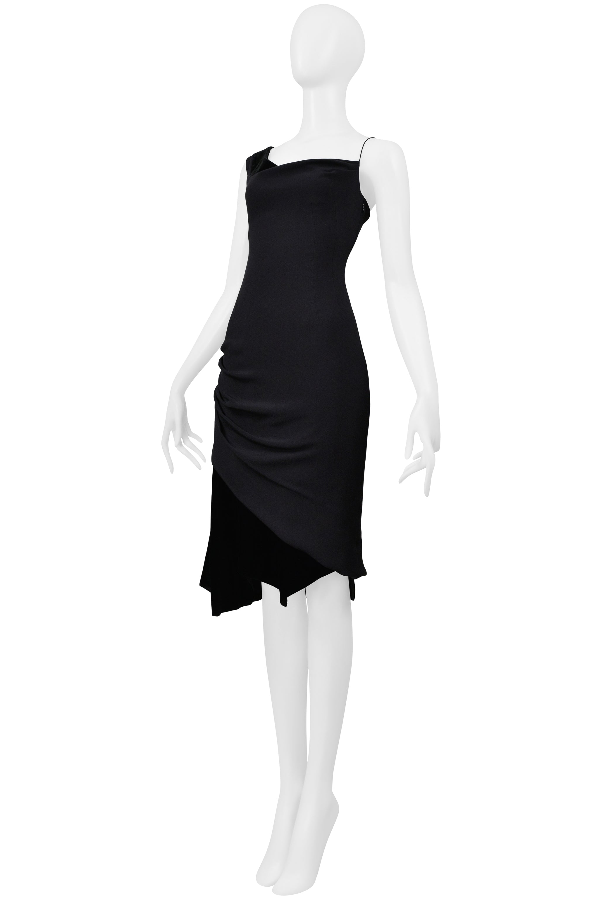 CHRISTIAN LACROIX BLACK ASYMMETRICAL STRAP DRESS WITH VELVET INSETS