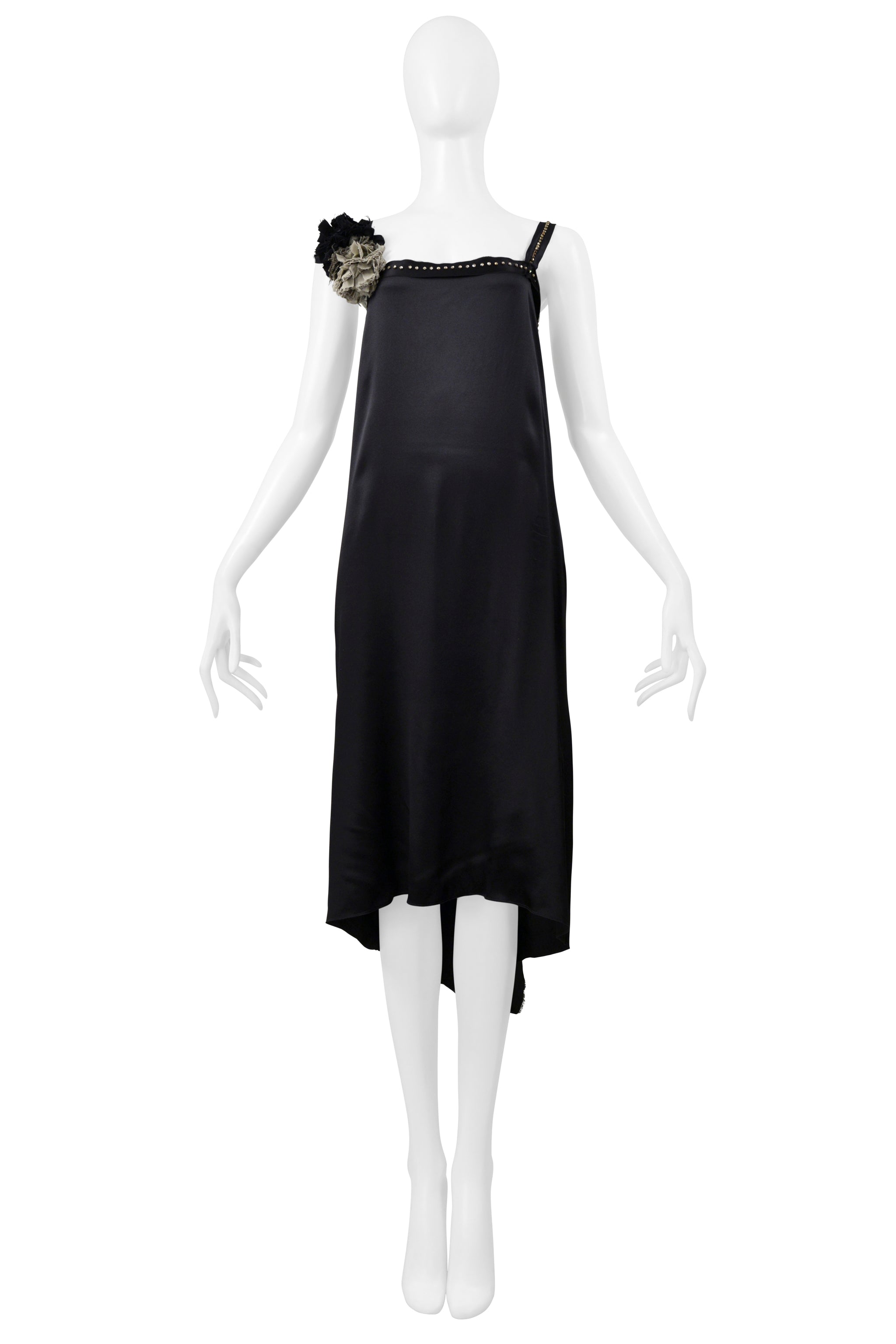 LANVIN BY ALBER ELBAZ BLACK SATIN DISCO DRESS WITH RHINESTONE STRAPS & FLOWERS 2004
