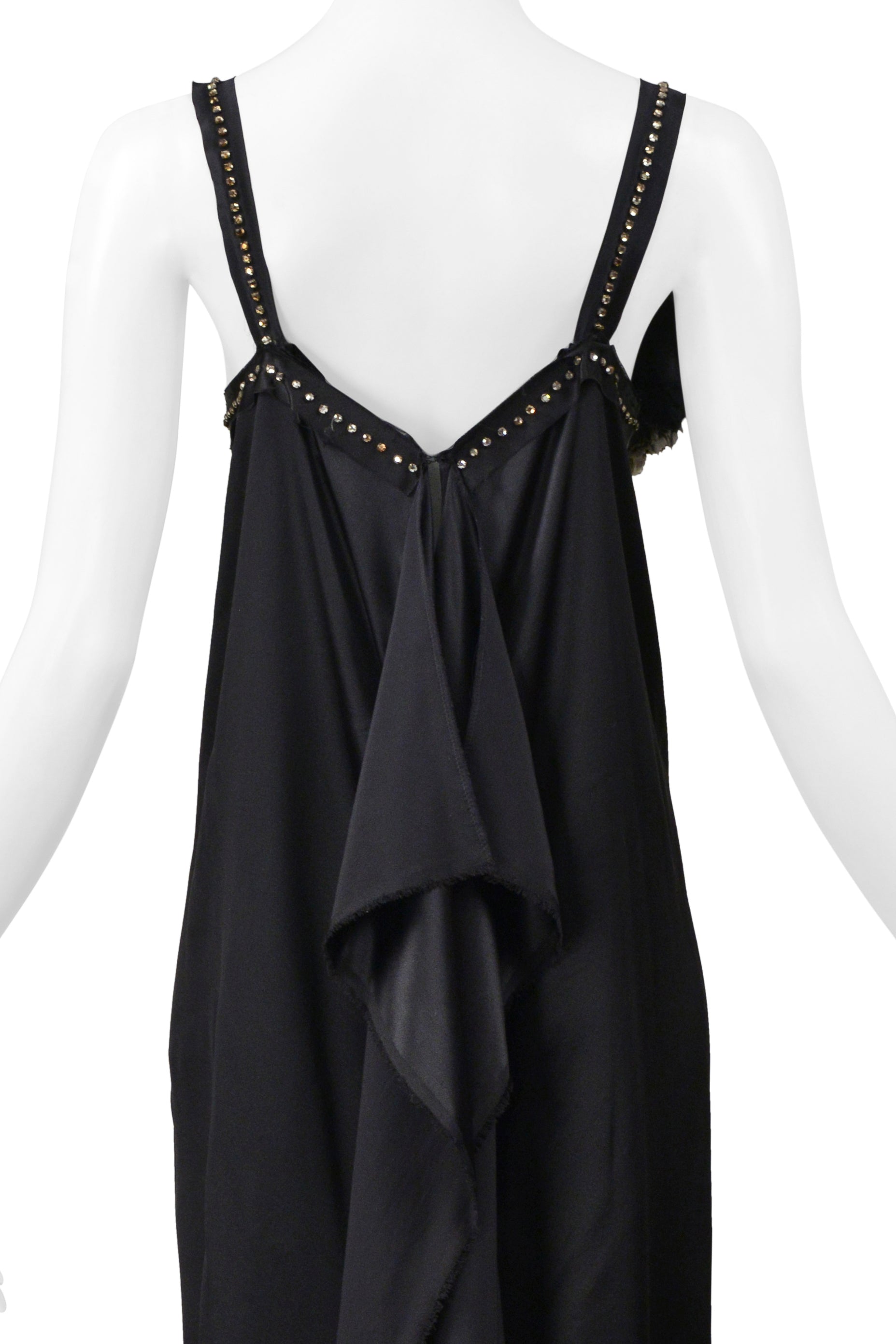 LANVIN BY ALBER ELBAZ BLACK SATIN DISCO DRESS WITH RHINESTONE STRAPS & FLOWERS 2004