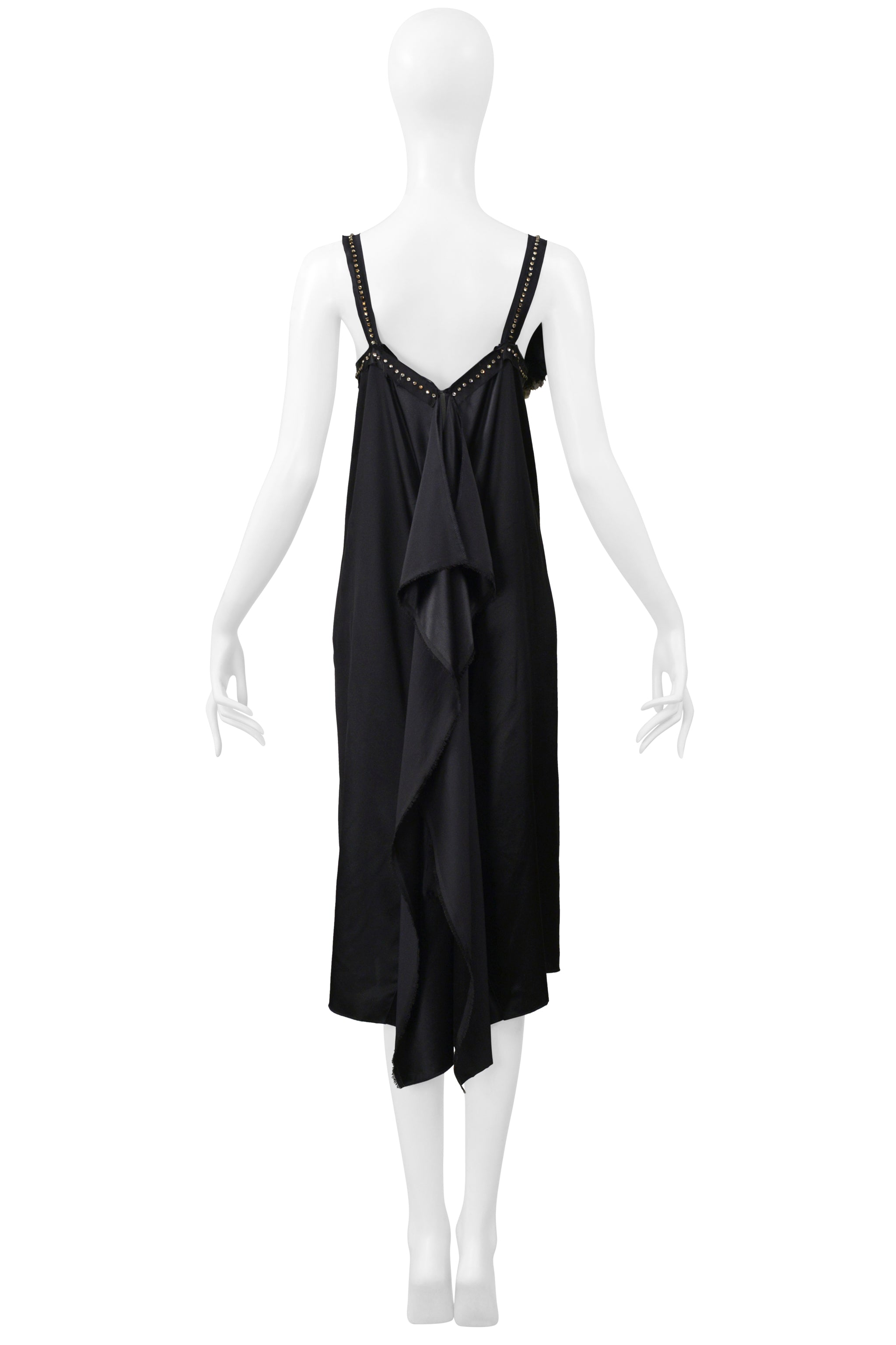 LANVIN BY ALBER ELBAZ BLACK SATIN DISCO DRESS WITH RHINESTONE STRAPS & FLOWERS 2004