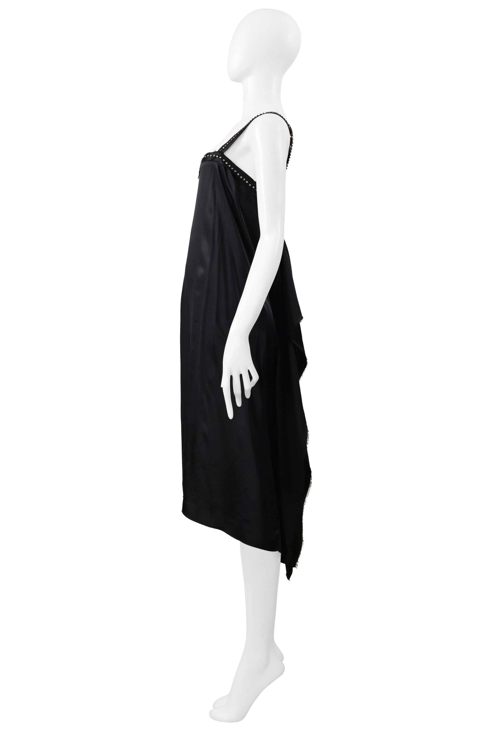 LANVIN BY ALBER ELBAZ BLACK SATIN DISCO DRESS WITH RHINESTONE STRAPS & FLOWERS 2004