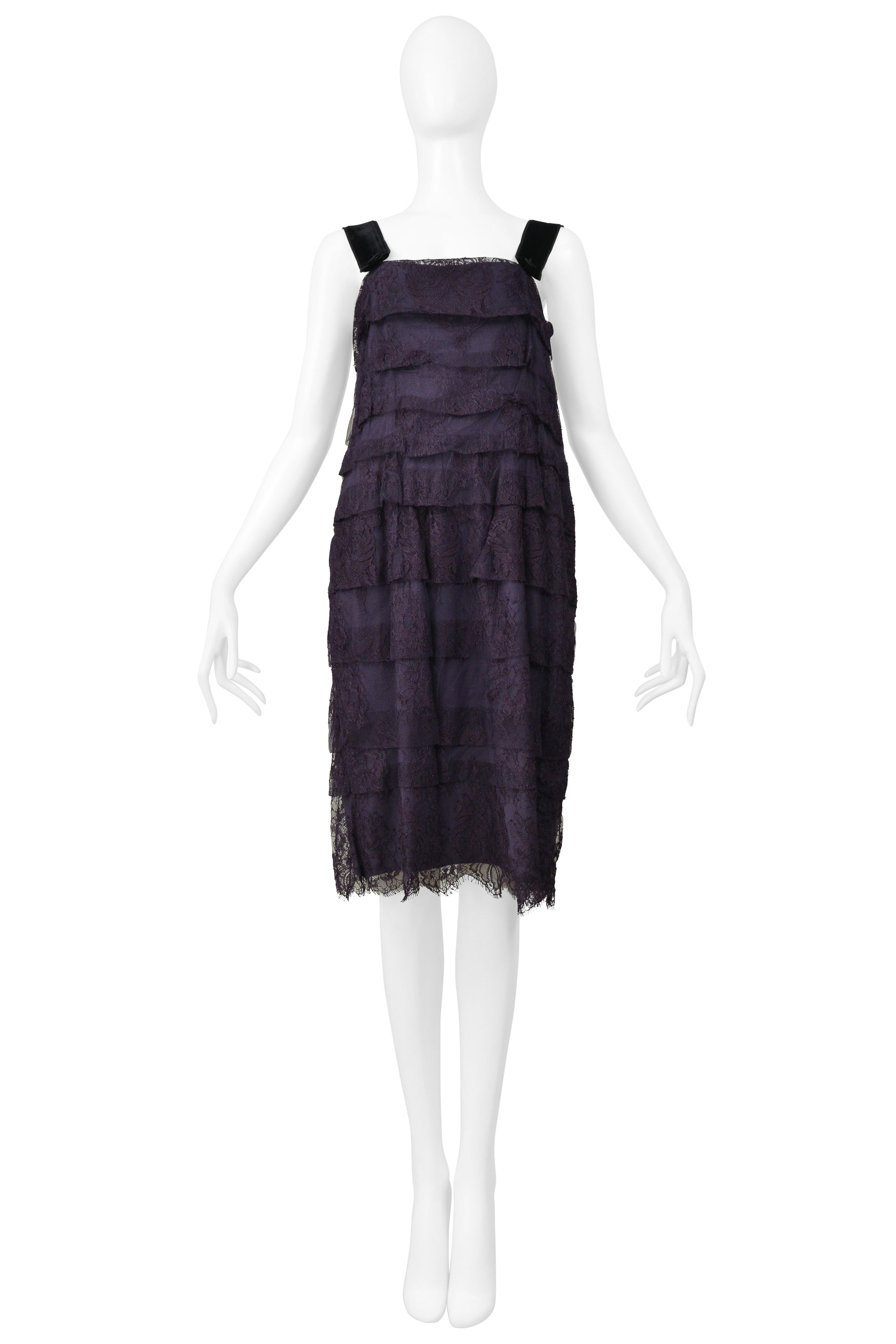 LANVIN BY ALBER ELBAZ BLUE LACE SLIP DRESS WITH VELVET STRAPS & SATIN BUTTONS 2006
