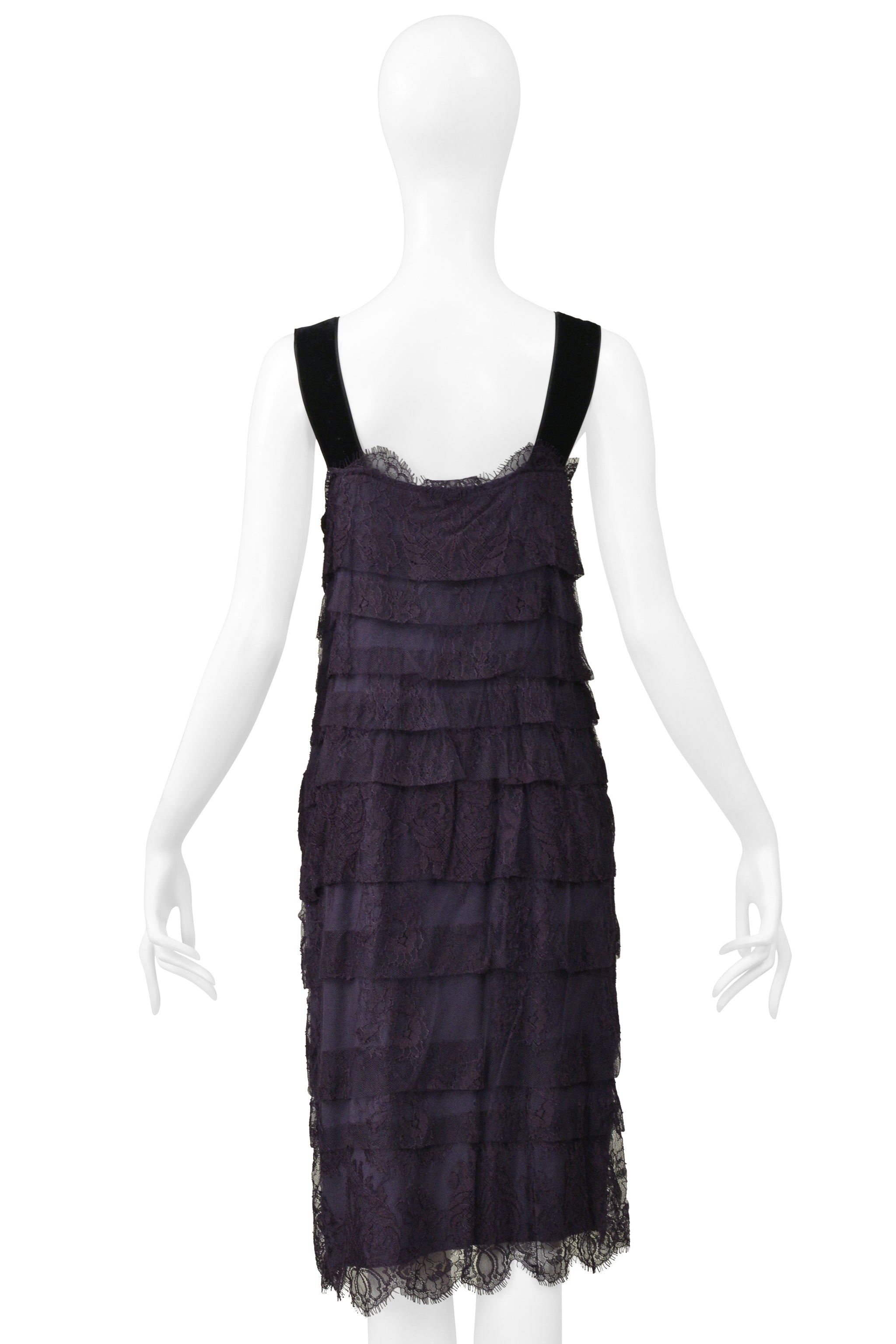 LANVIN BY ALBER ELBAZ BLUE LACE SLIP DRESS WITH VELVET STRAPS & SATIN BUTTONS 2006