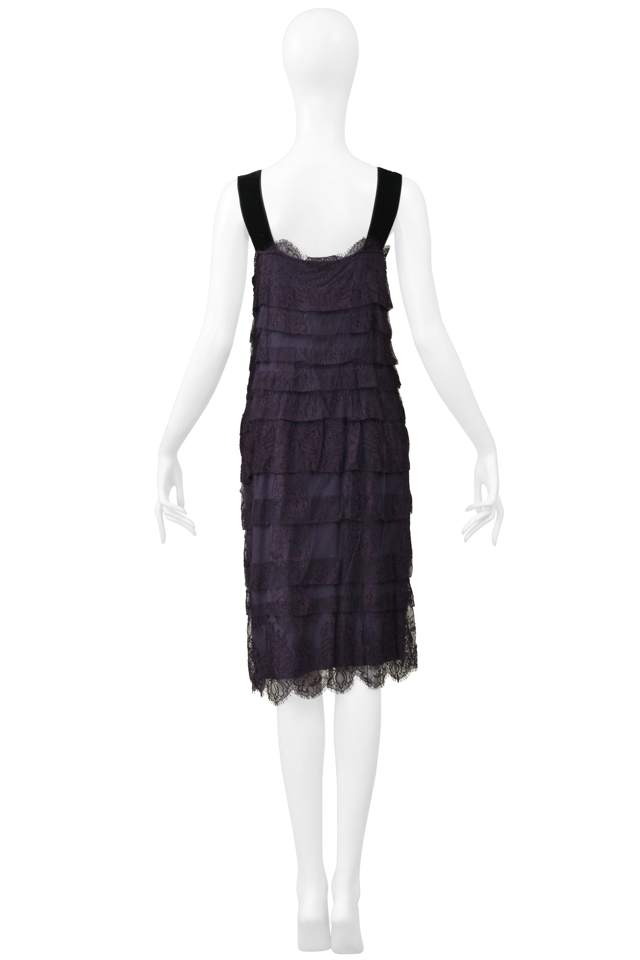 LANVIN BY ALBER ELBAZ BLUE LACE SLIP DRESS WITH VELVET STRAPS & SATIN BUTTONS 2006