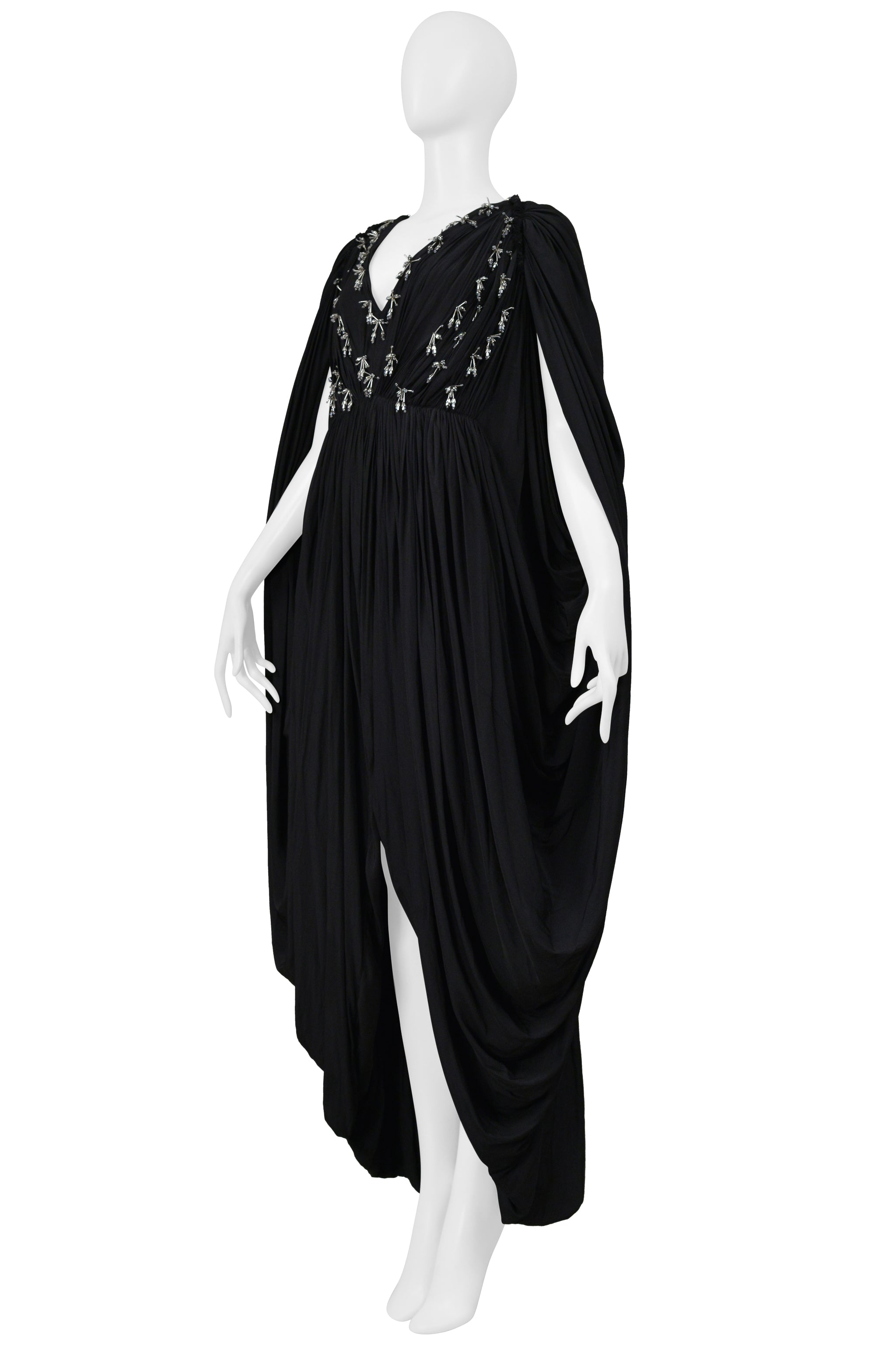 LANVIN BLACK DRAPED EVENING GOWN WITH SILVER BEADING