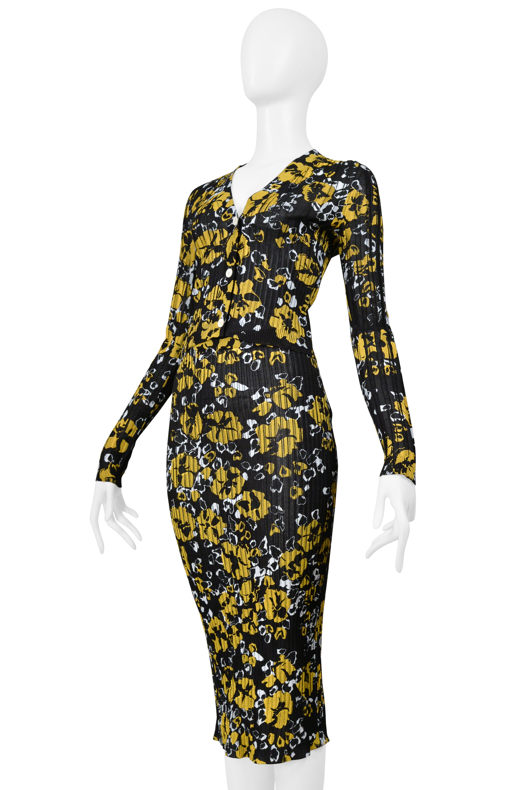 LANVIN BLACK, YELLOW, AND WHITE FLORAL PRINTED SKIRT ENSEMBLE