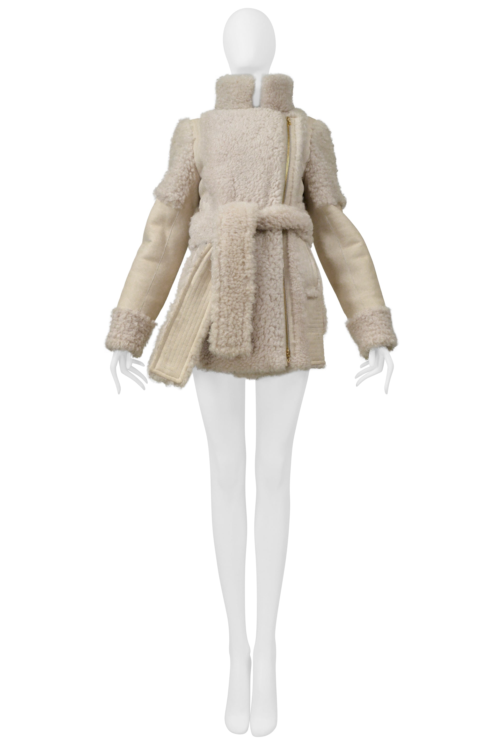 LANVIN OFF WHITE SUEDE & SHEARLING COAT WITH BELT