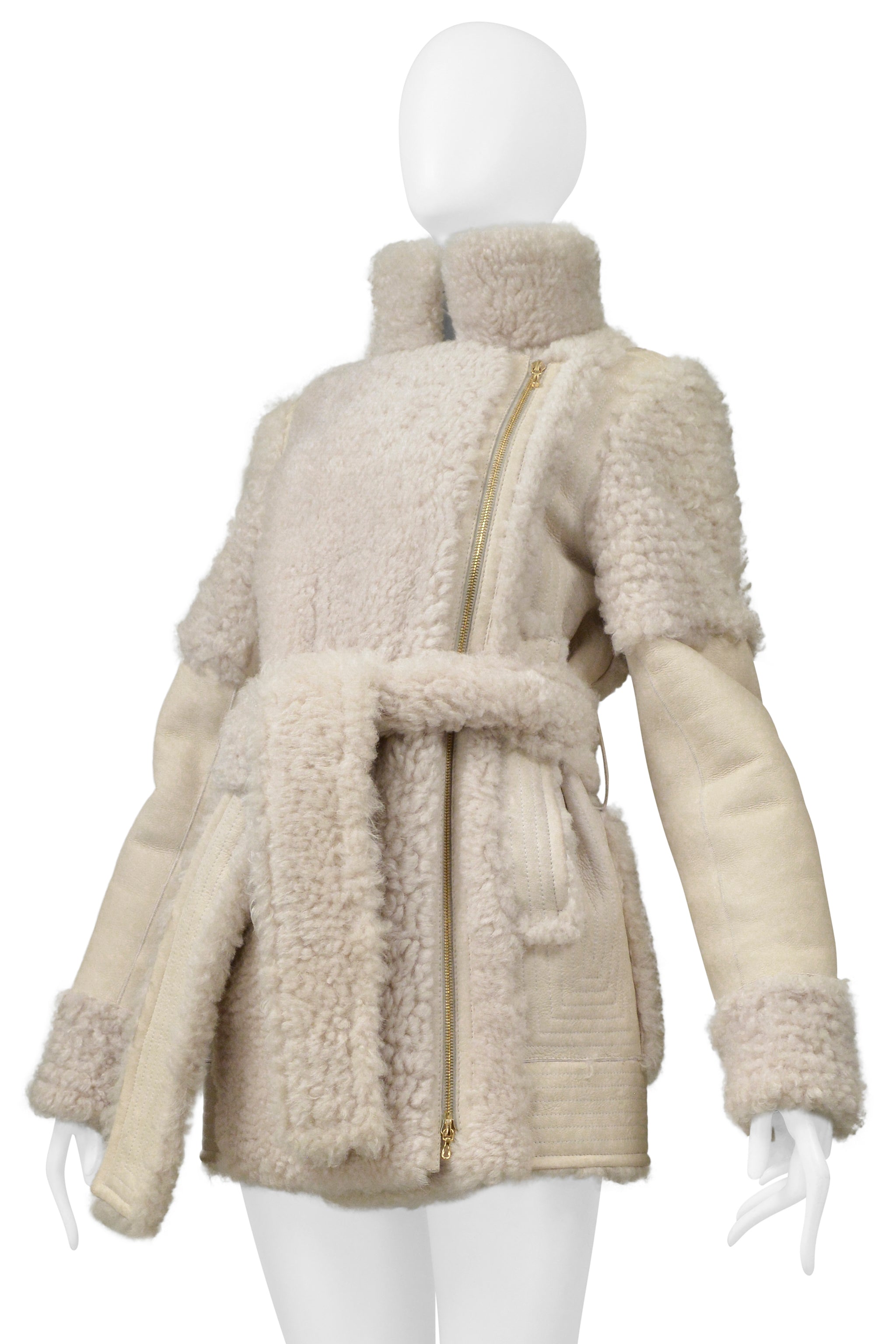 LANVIN OFF WHITE SUEDE & SHEARLING COAT WITH BELT