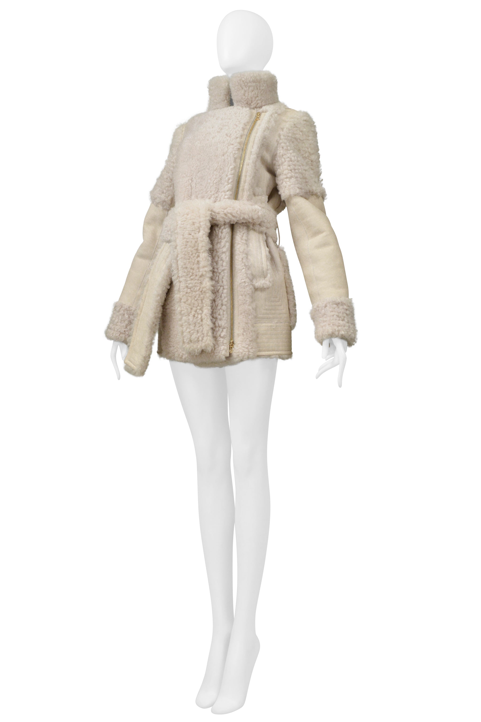 LANVIN OFF WHITE SUEDE & SHEARLING COAT WITH BELT
