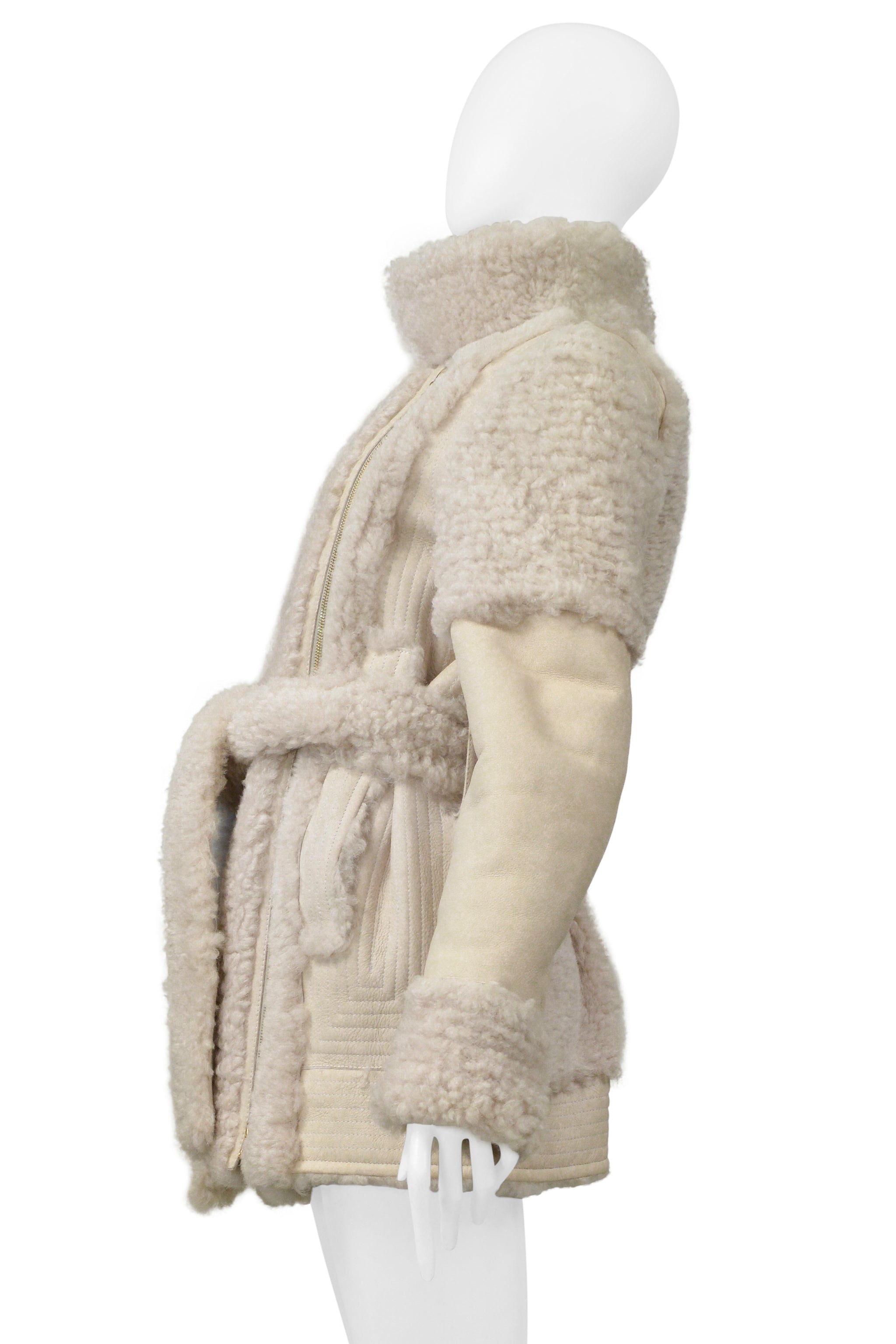 LANVIN OFF WHITE SUEDE & SHEARLING COAT WITH BELT