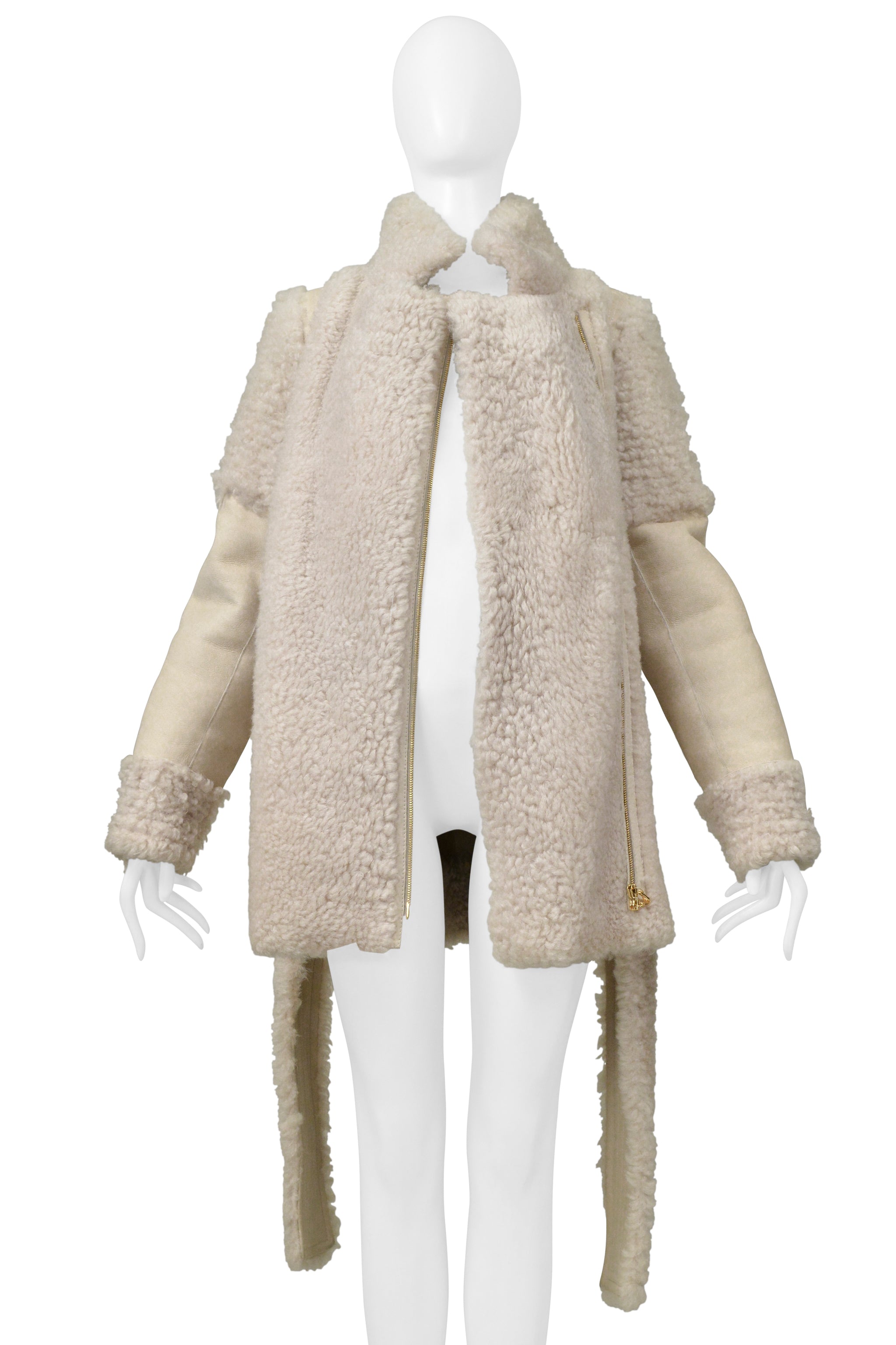 LANVIN OFF WHITE SUEDE & SHEARLING COAT WITH BELT
