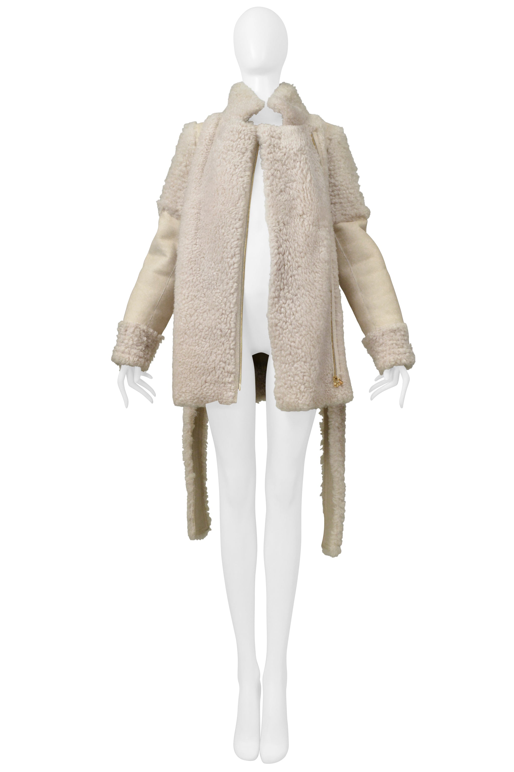LANVIN OFF WHITE SUEDE & SHEARLING COAT WITH BELT