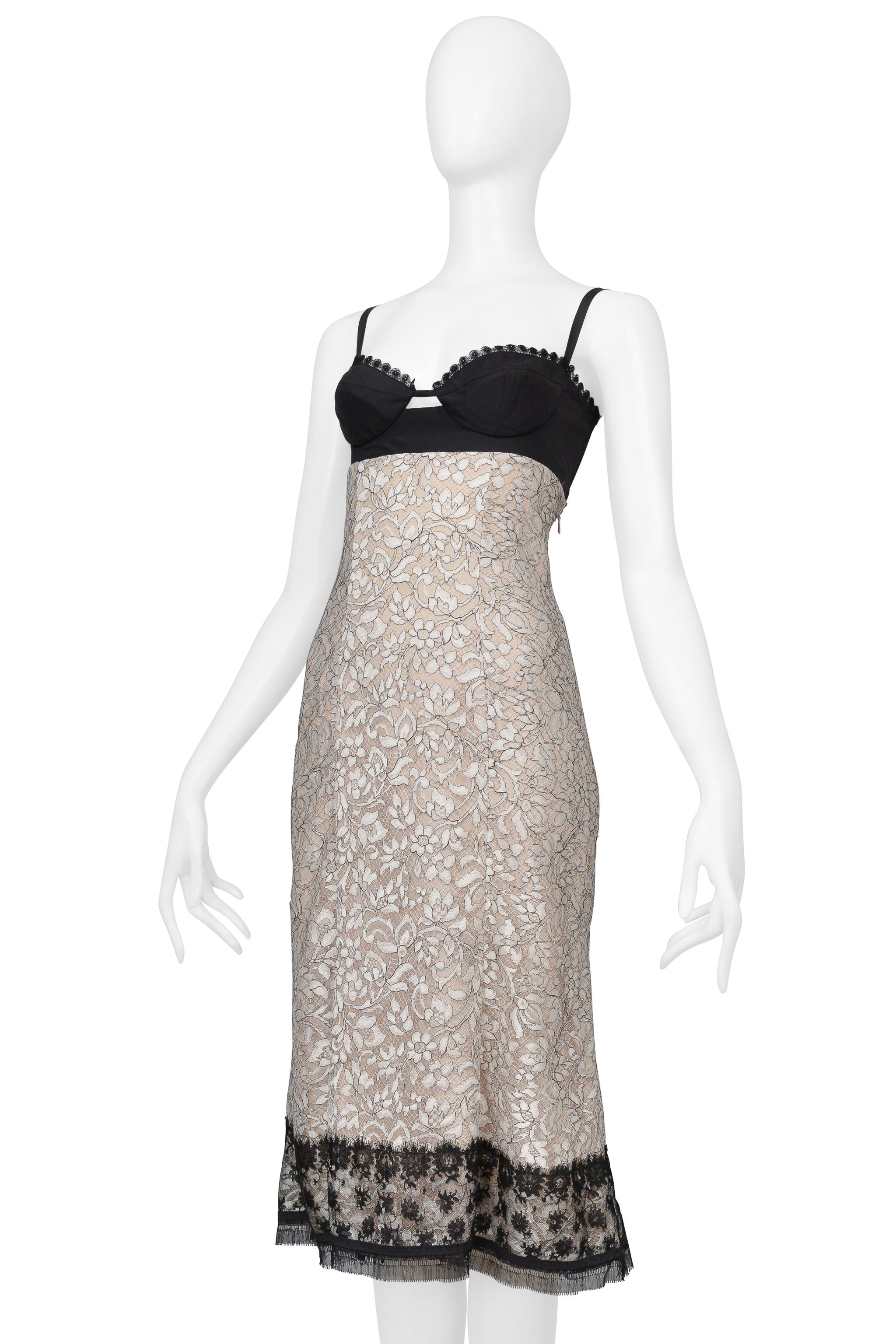 LA PERLA BLACK & IVORY LACE BUSTIER MIDI DRESS 2006