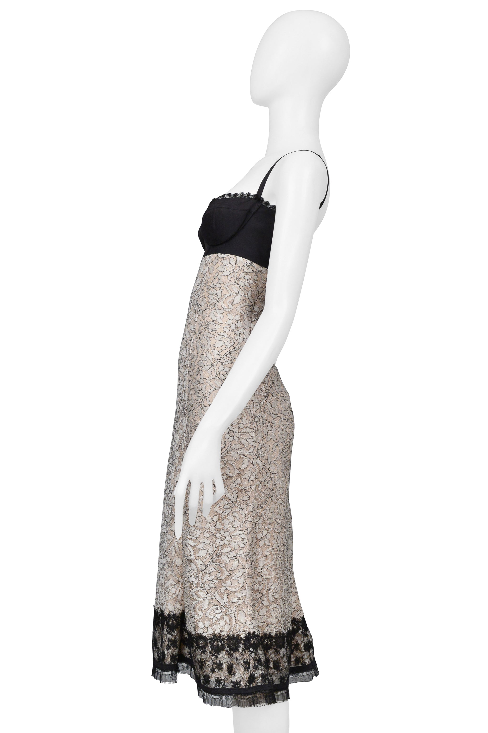 LA PERLA BLACK & IVORY LACE BUSTIER MIDI DRESS 2006