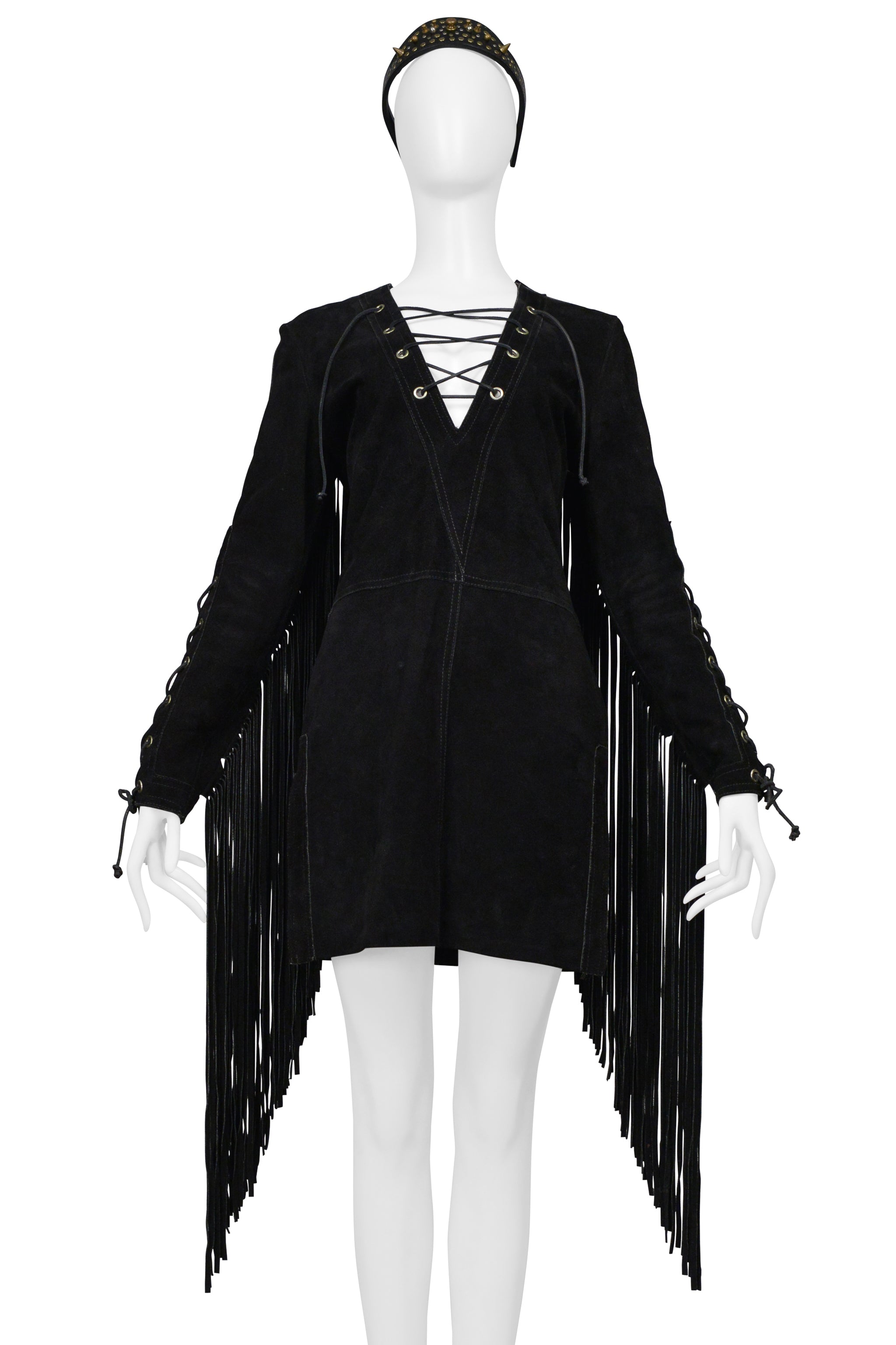 ANNA SUI BLACK SUEDE DRESS WITH FRINGE