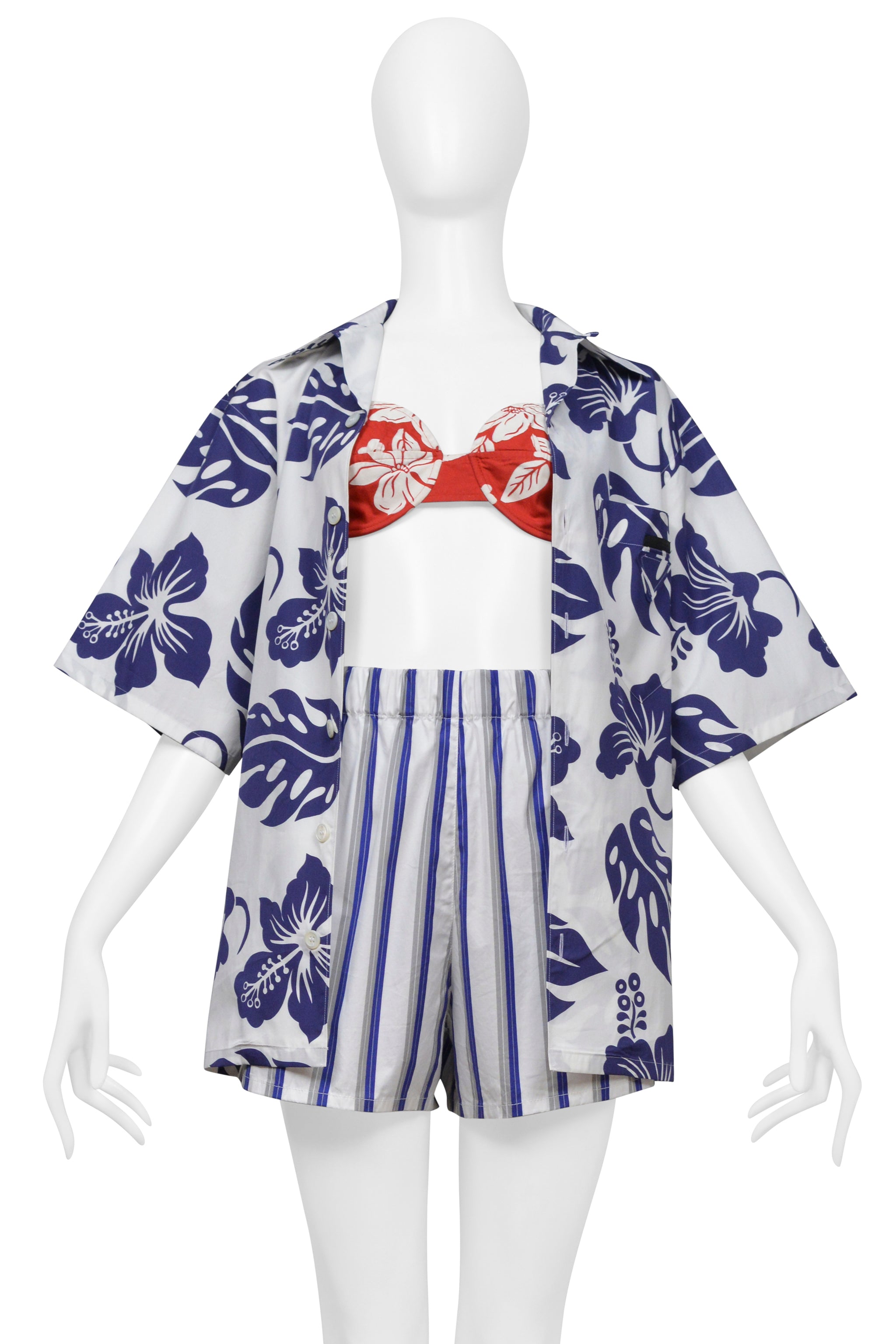 PRADA BLUE AND WHITE HIBISCUS PRINT HAWAIIAN SHIRT 2022