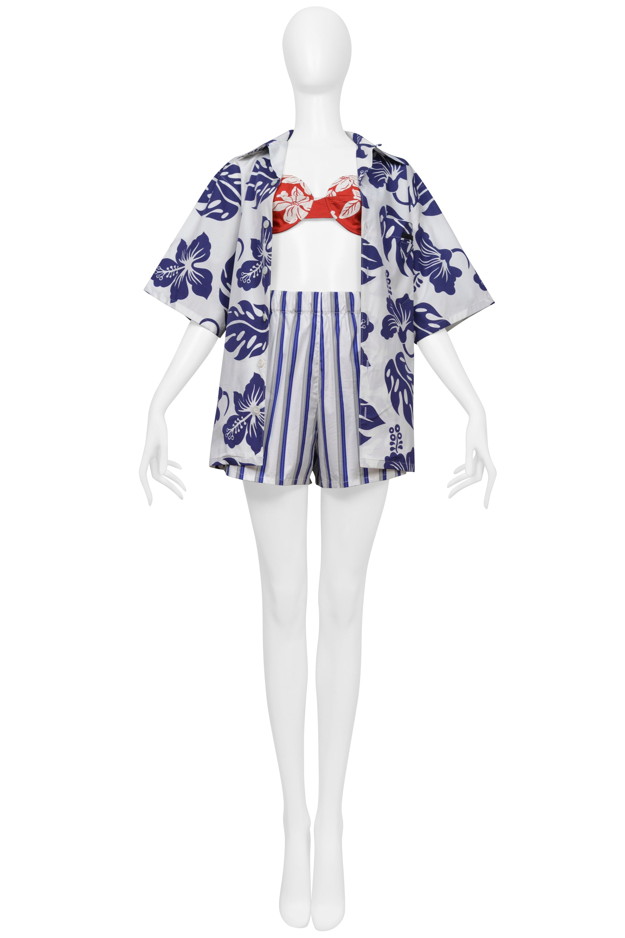 PRADA WHITE AND BLUE STRIPE COTTON MINI SHORTS
