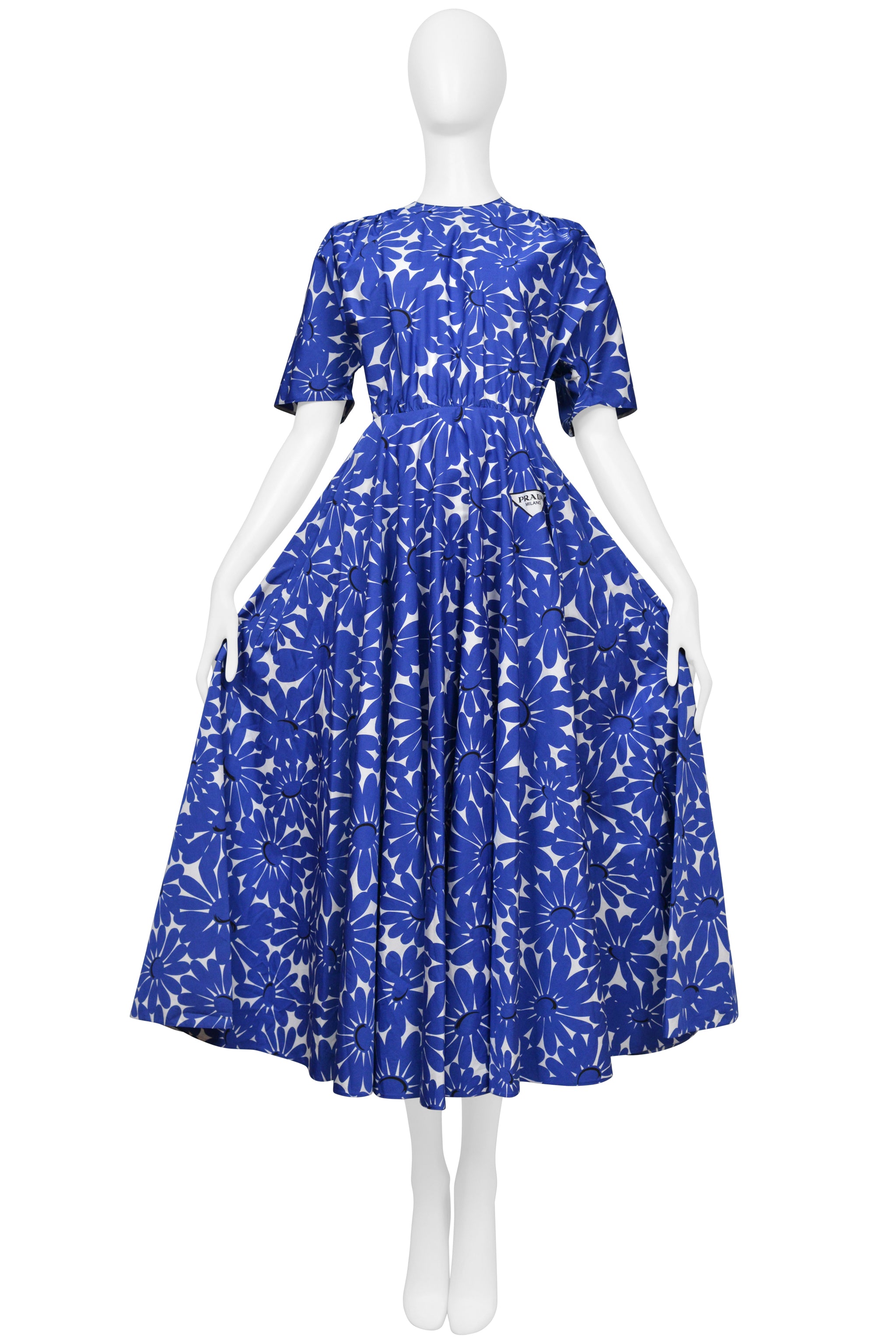 PRADA BLUE FLORAL COTTON POPLIN DRESS WITH FULL SKIRT 2022
