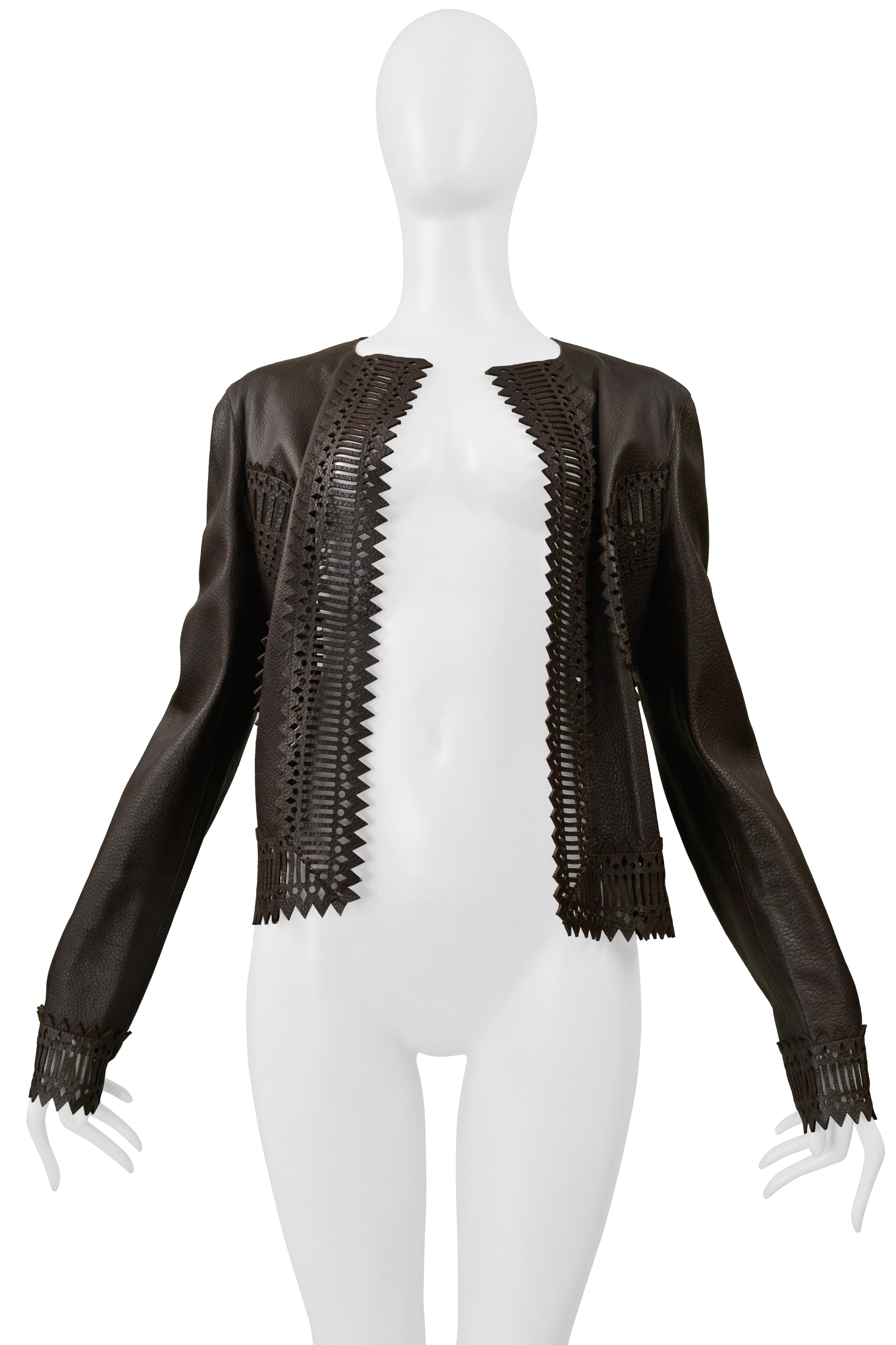 GIANFRANCO FERRE BROWN LEATHER LASER CUT JACKET