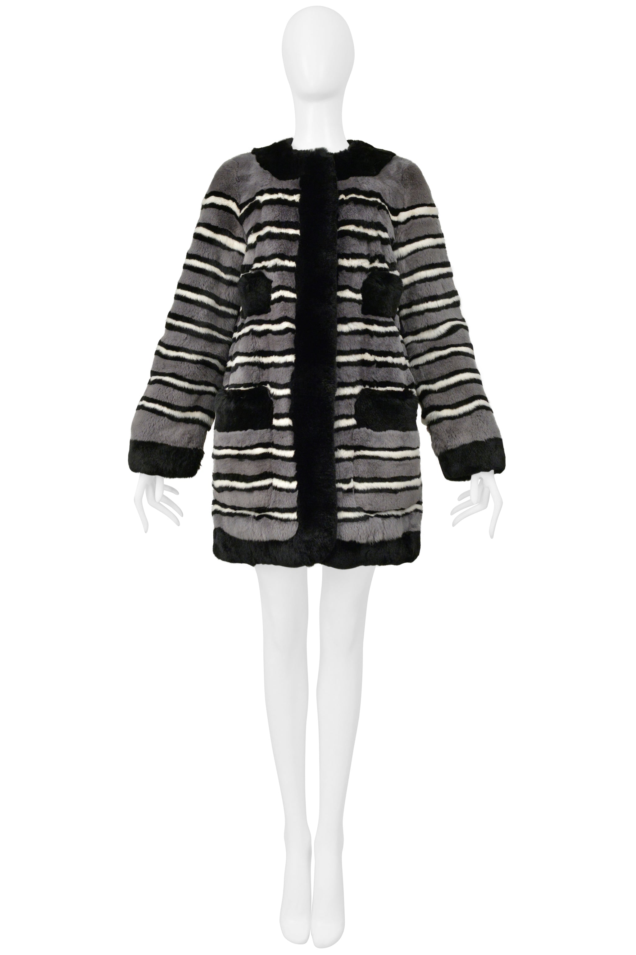 MARC JACOBS GREY AND BLACK STRIPED RABBIT FUR COAT 2014
