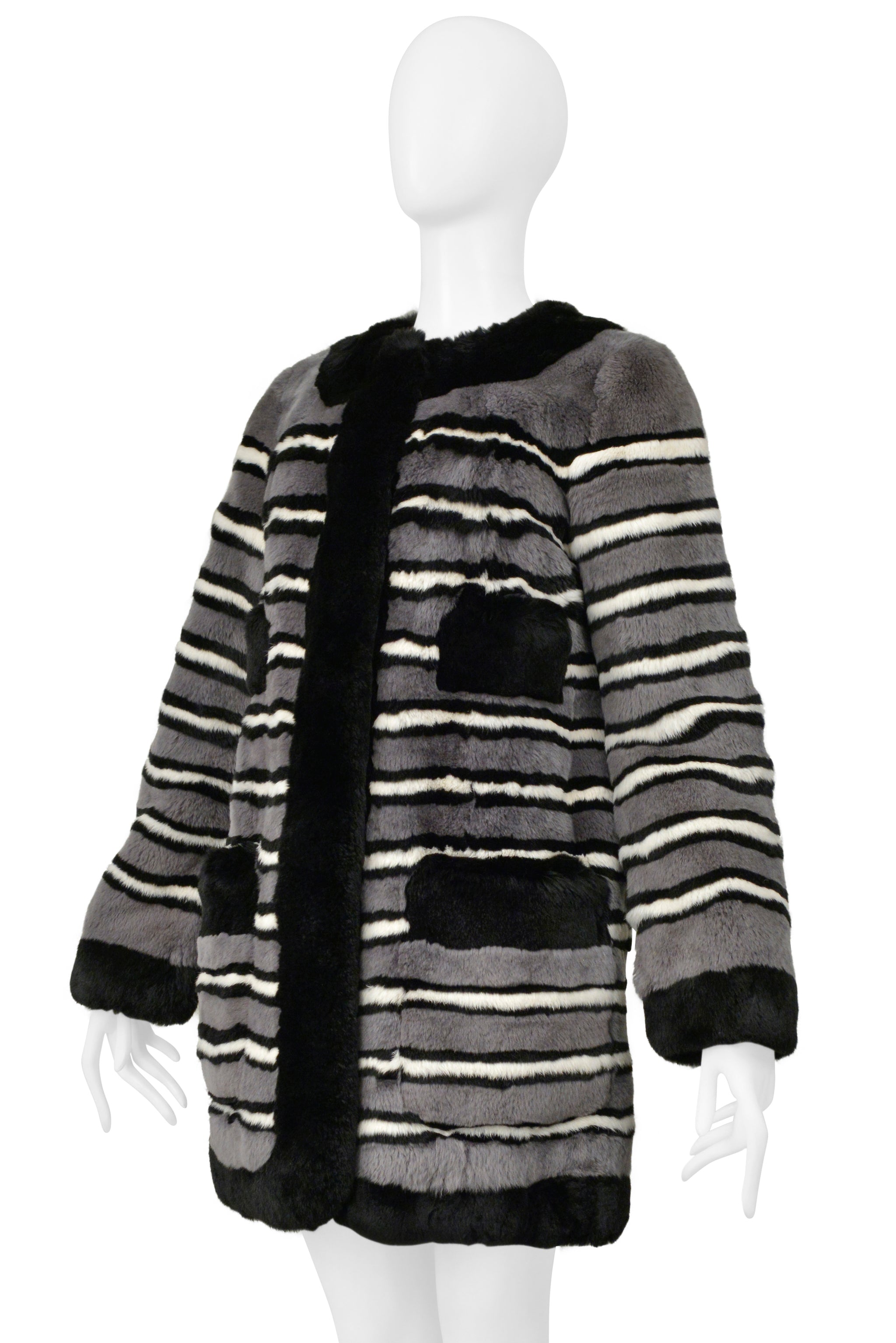 MARC JACOBS GREY AND BLACK STRIPED RABBIT FUR COAT 2014