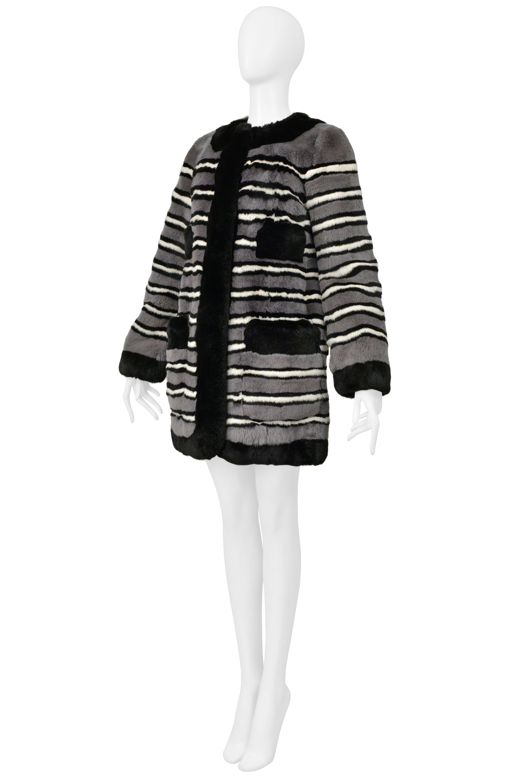 MARC JACOBS GREY AND BLACK STRIPED RABBIT FUR COAT 2014
