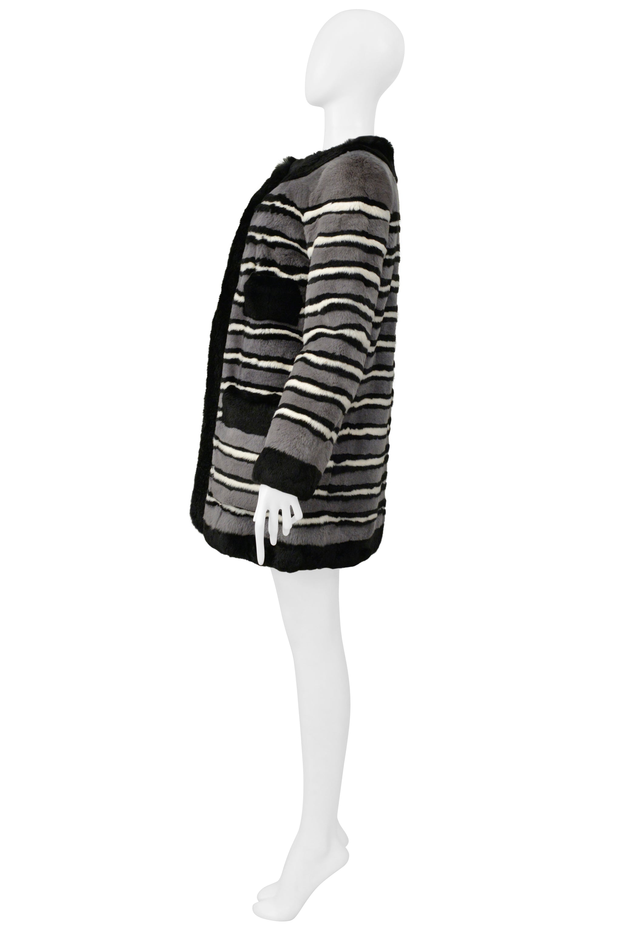 MARC JACOBS GREY AND BLACK STRIPED RABBIT FUR COAT 2014