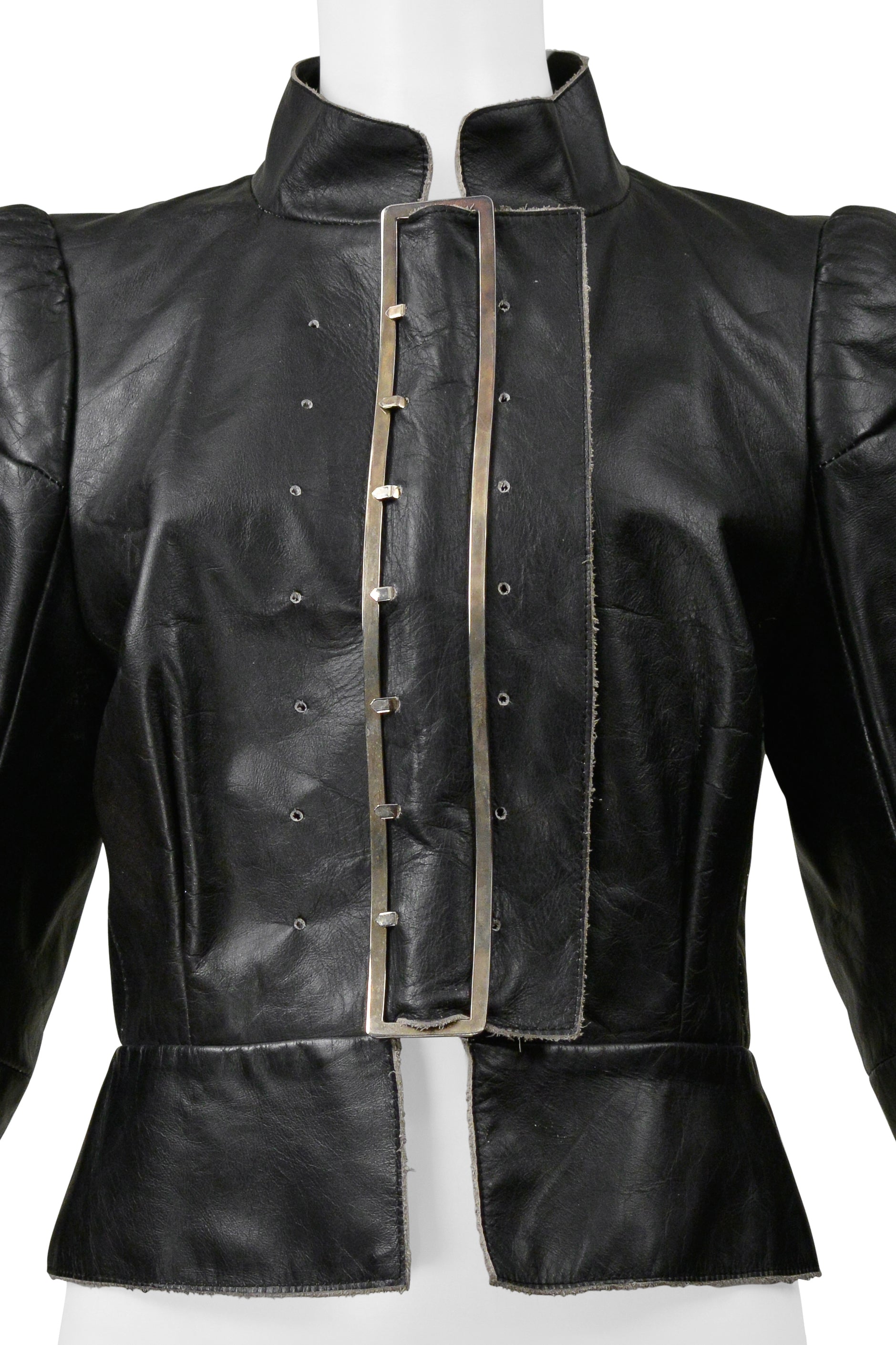 MAISON MARTIN MARGIELA BLACK DISTRESSED LEATHER JACKET WITH LARGE BUCKLE AND TIES 1990S