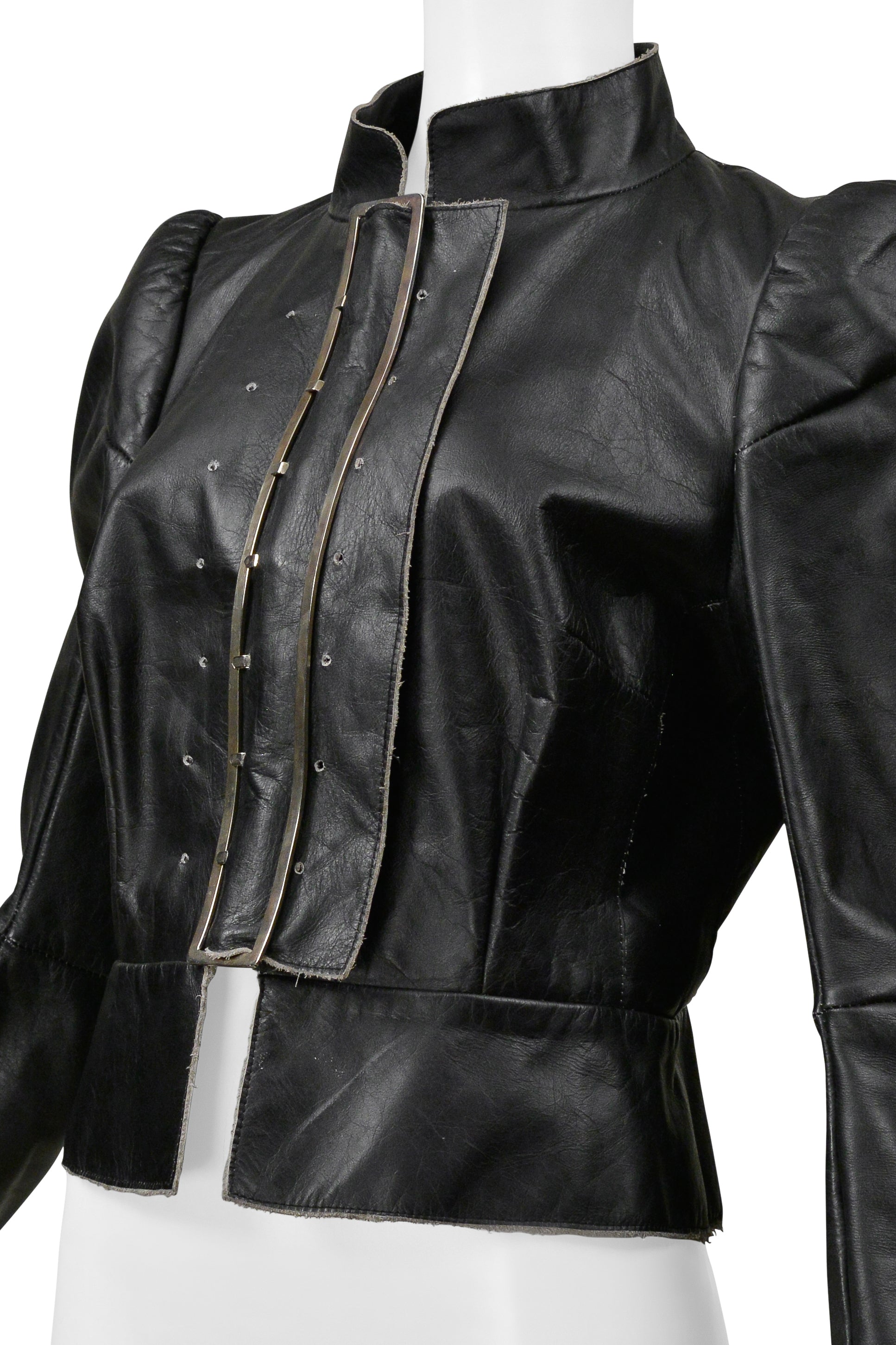 MAISON MARTIN MARGIELA BLACK DISTRESSED LEATHER JACKET WITH LARGE BUCKLE AND TIES 1990S