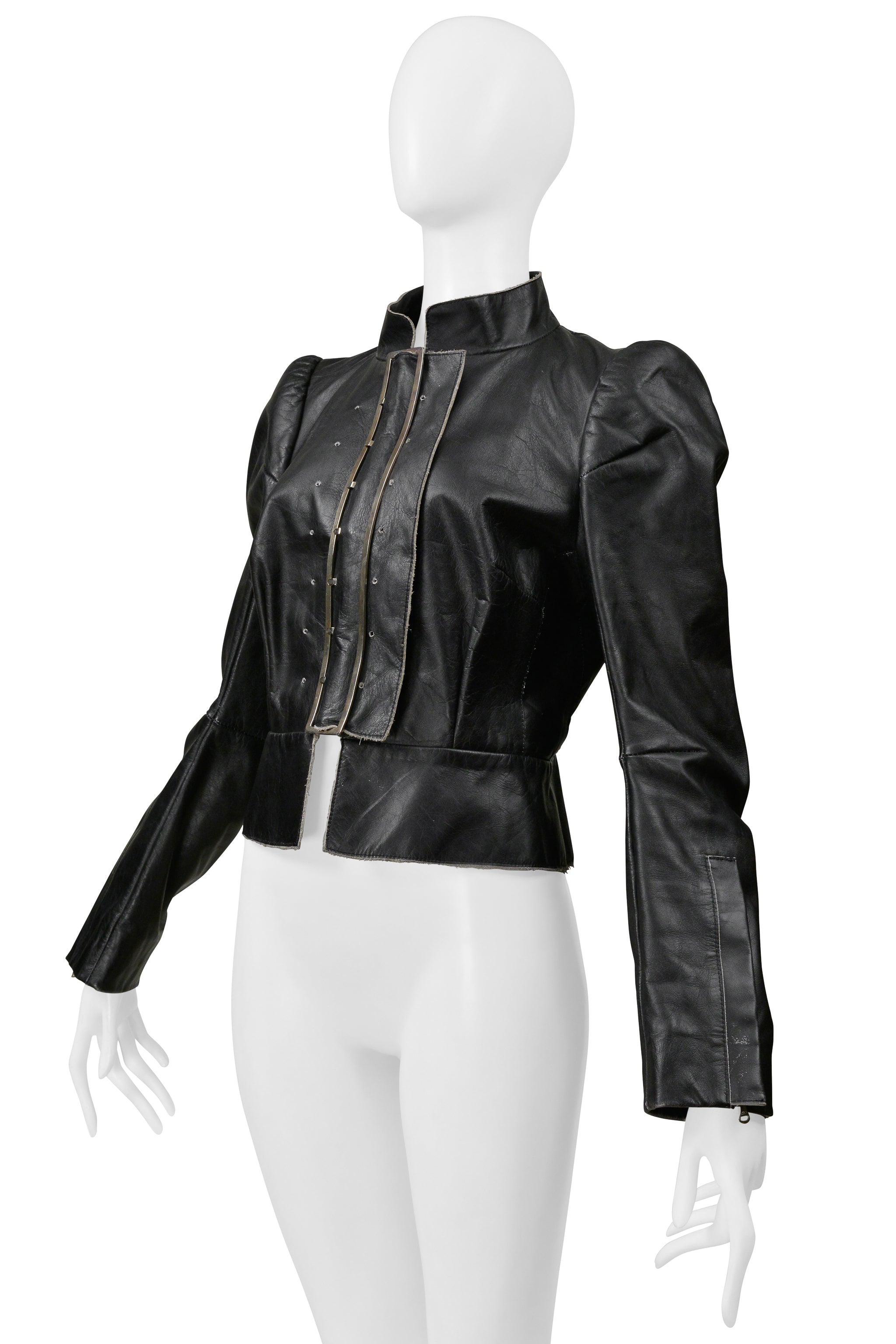 MAISON MARTIN MARGIELA BLACK DISTRESSED LEATHER JACKET WITH LARGE BUCKLE AND TIES 1990S