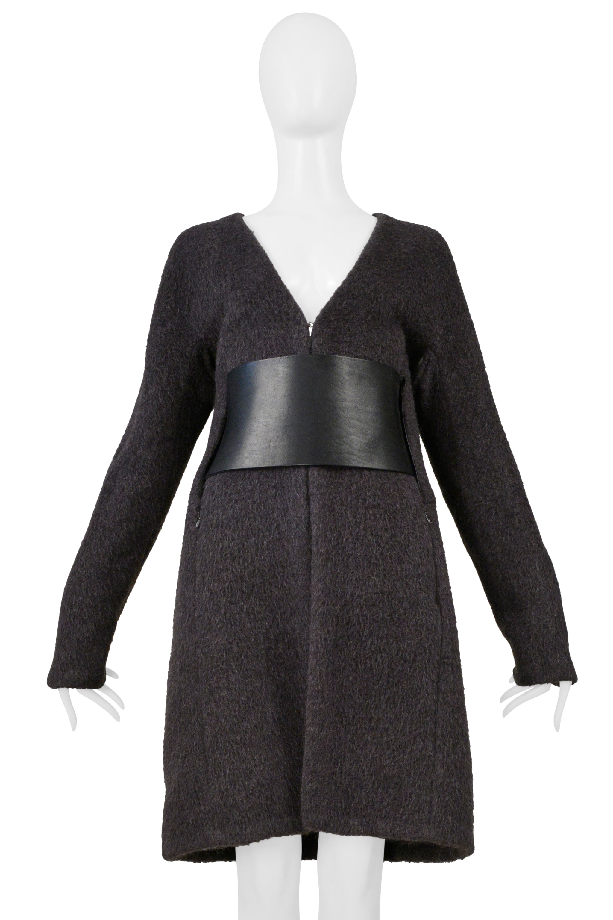 MAISON MARTIN MARGIELA GREY MOHAIR COAT WITH VERTICAL ZIPPERS AND LEATHER OBI BELT AW 1996