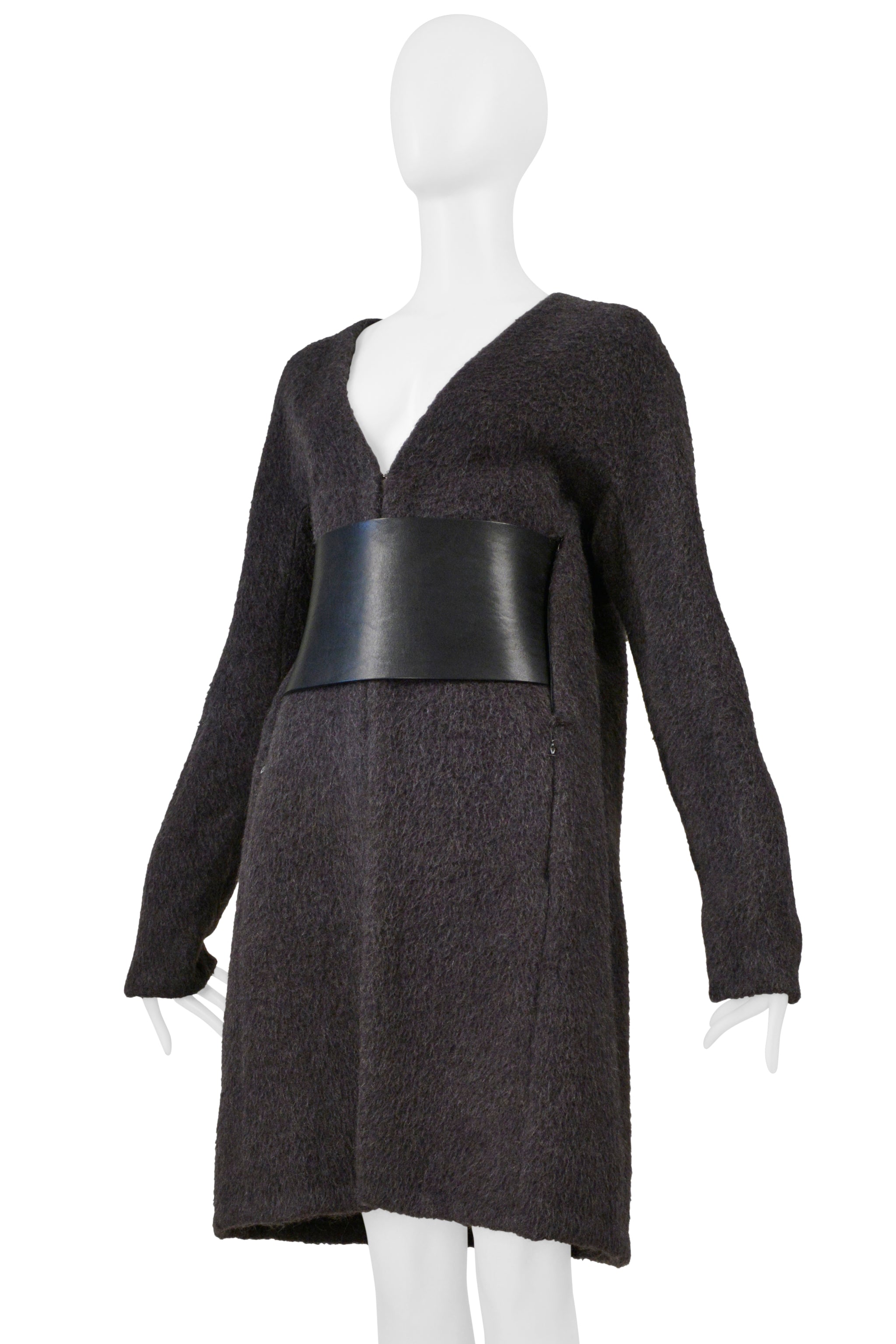 MAISON MARTIN MARGIELA GREY MOHAIR COAT WITH VERTICAL ZIPPERS AND LEATHER OBI BELT AW 1996